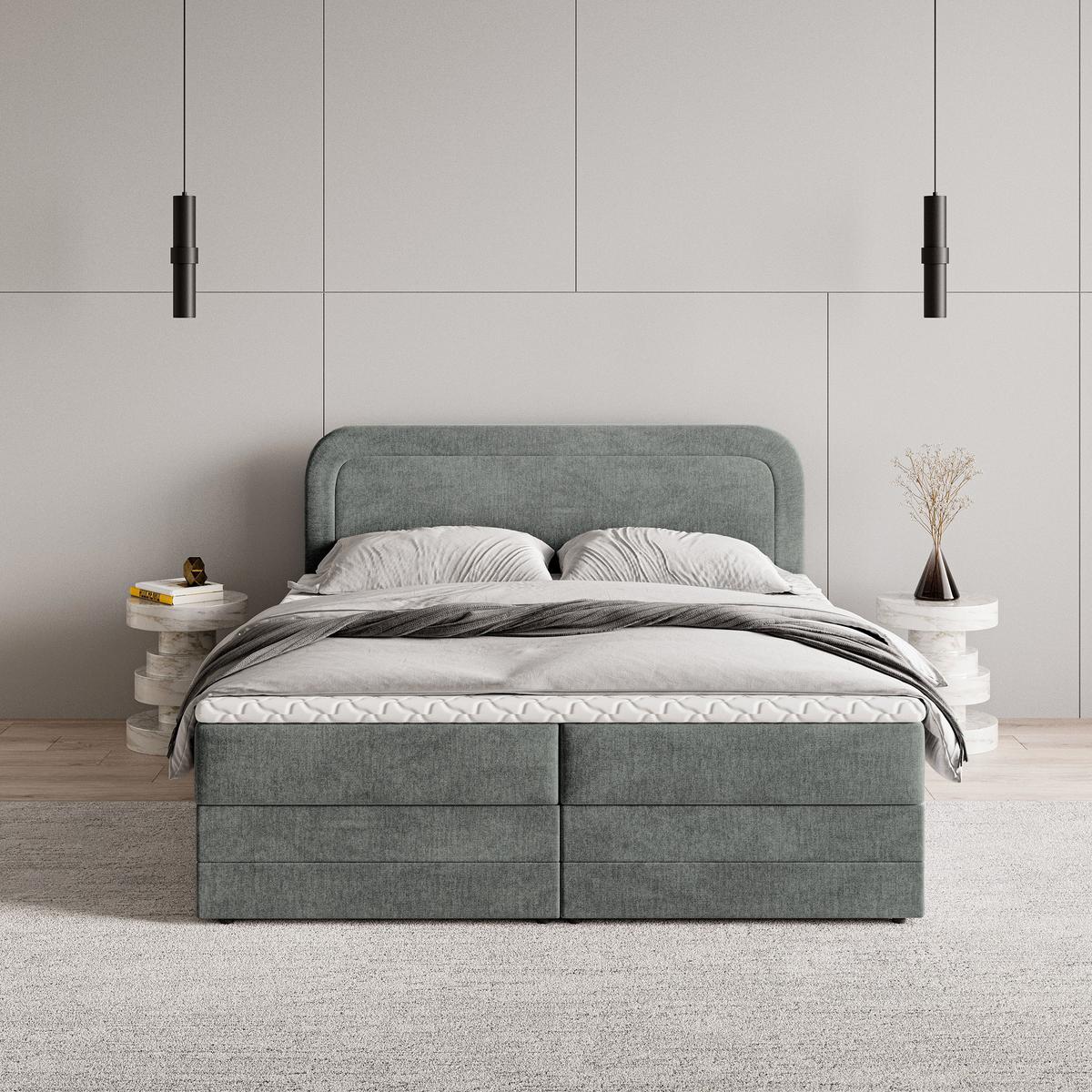BOXBETT ARMEL 140x200 cm mit Matratze und Topper - Grau - Grau, Holz (140/200cm) - MASSENO