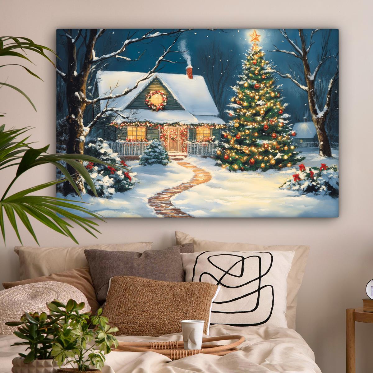 LEINWANDBILD Weihnachten - Weihnachtsbaum - Winter - Zuhause - Schnee Groß 140x90 cm - Smaragdgrün, Textil (140/90cm) - MuchoWow