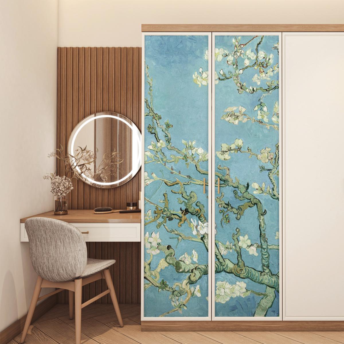 TÜRAUFKLEBER Selbstklebend - Mandelblüte - Van Gogh - Kunst 95x215 cm - Türtapete - Pastellblau, Kunststoff (95/215cm) - MuchoWow