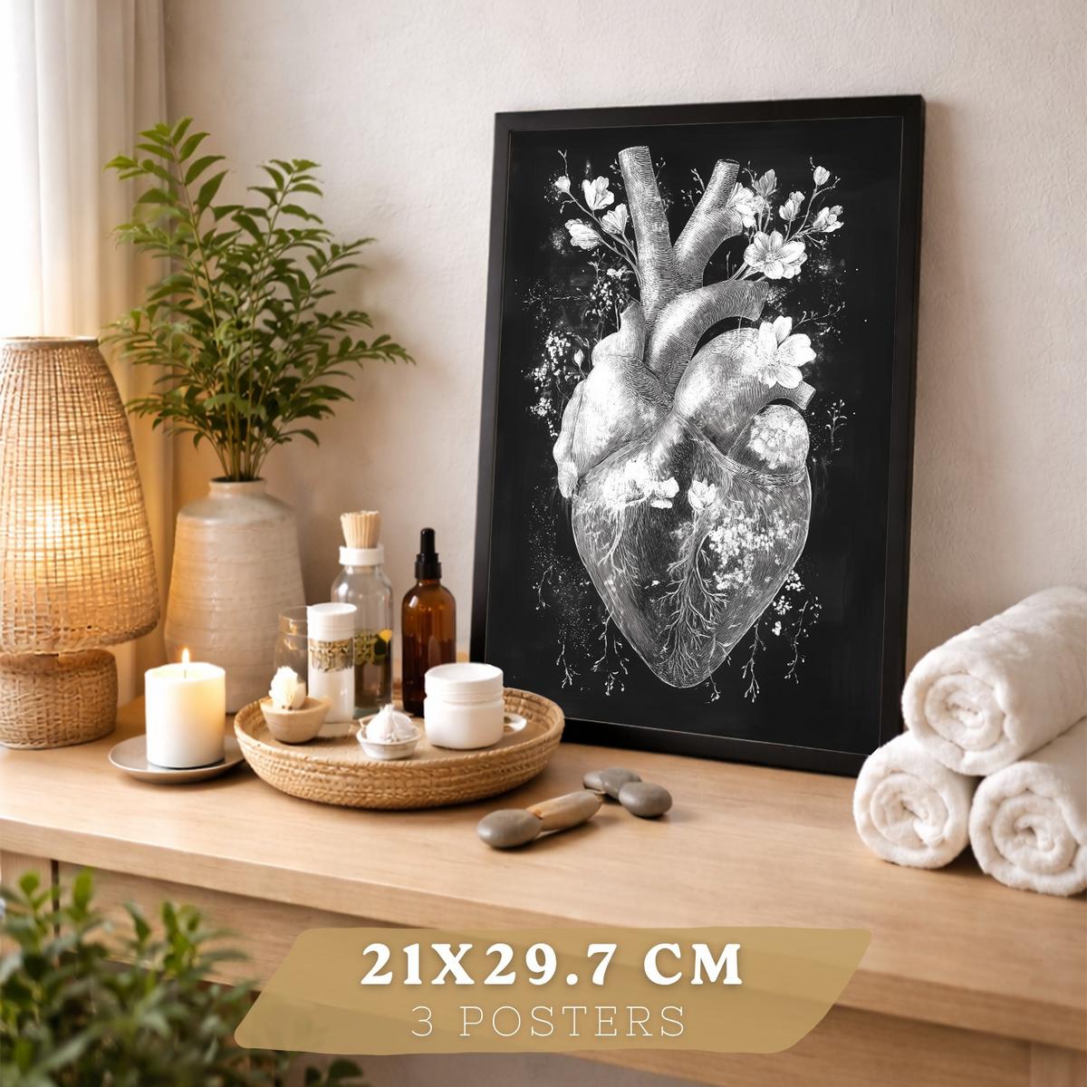POSTER Set aus 3 Anatomie Drucke und Wandbilder mit Inneren Organen Gehirn Herz Nieren Minimalistisches Schwarz Weiß Design Größe Schwarzer Rahmen A4 - Schwarz, Papier (21/29.7/3cm) - Nacnic