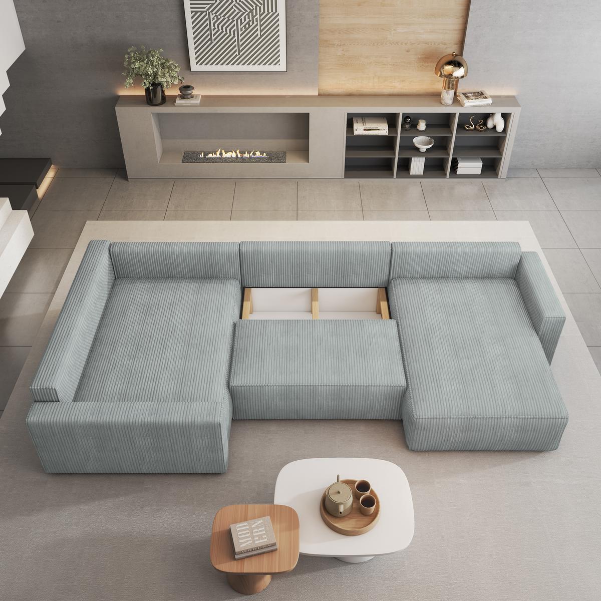 WOHNLANDSCHAFT VELAMI L-S Hellgrau Kordstoff mit Schlaffunktion - Hellgrau, Holz (365/83/194cm) - MASSENO