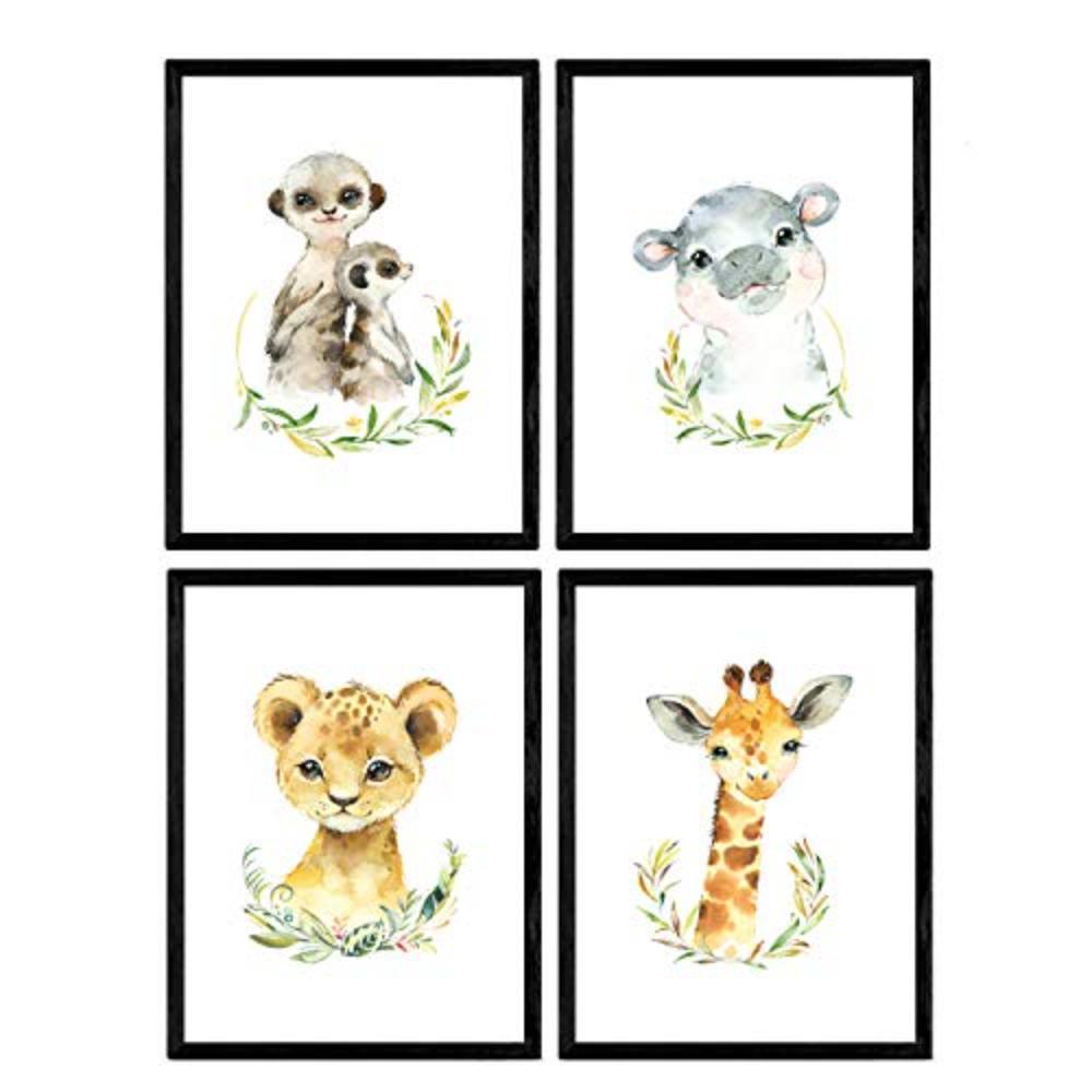 POSTER Set mit 4 Girafa Hipopotamo uricatas und Leon A3 Schwarzer Rahmen - Schwarz, Papier (29.7/3cm) - Nacnic