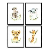 POSTER Set mit 4 Girafa Hipopotamo uricatas und Leon A3 Schwarzer Rahmen - Schwarz, Papier (29.7/3cm) - Nacnic