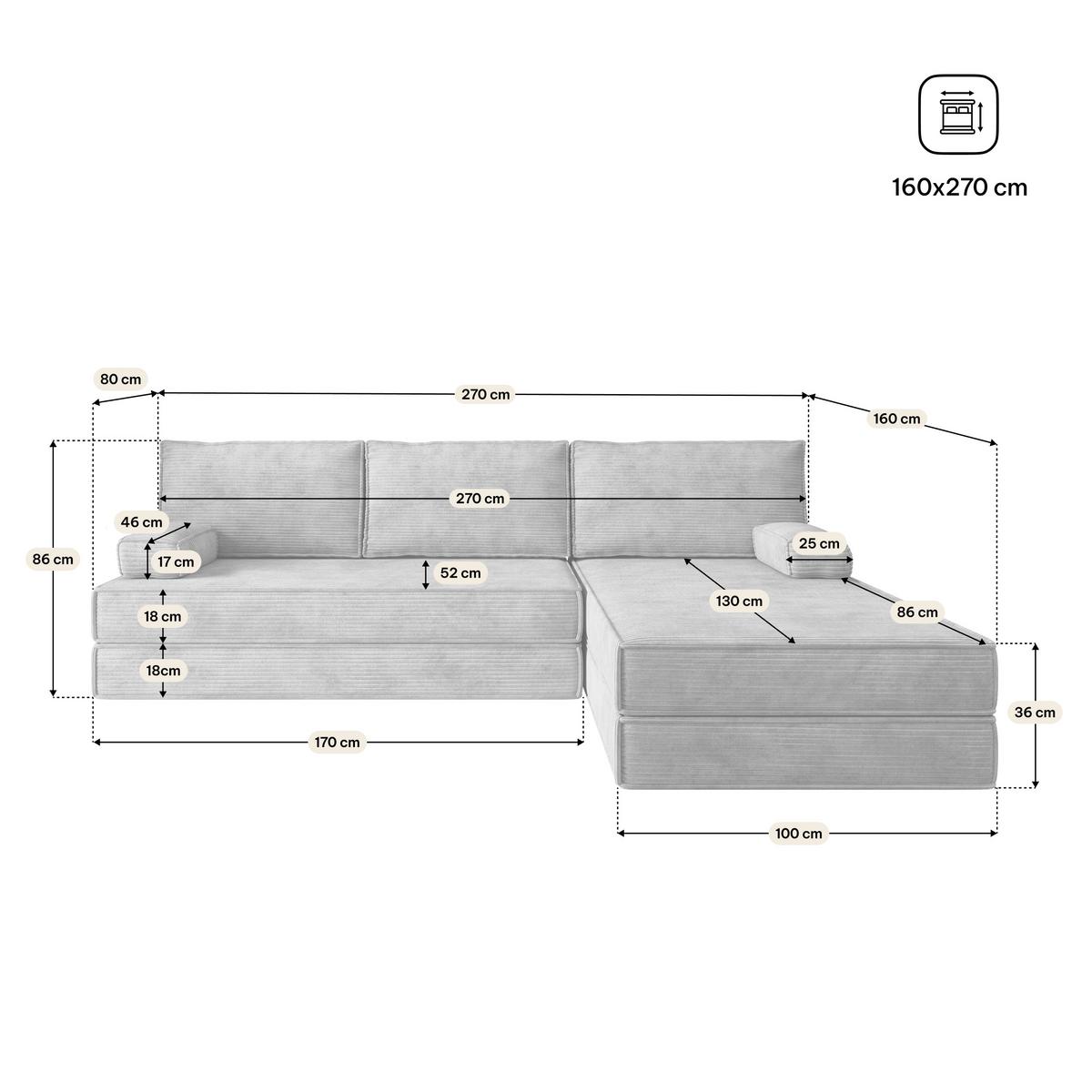 ECKSOFA ANKO modulares Boneless Sofa mit Schlaffunktion Hellgrau Kordstoff - Hellgrau, Textil (270/160cm) - MASSENO