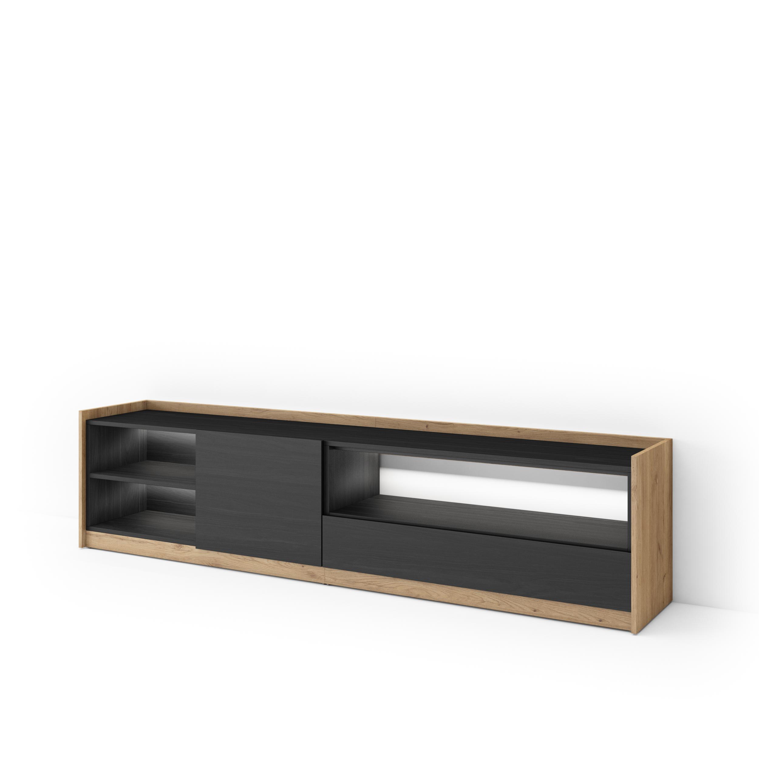 LOWBOARD, Schwarz und Eiche, 207/37/50cm, mit Led - Schwarz, Holzwerkstoff (207/50/37cm) - Skraut Home
