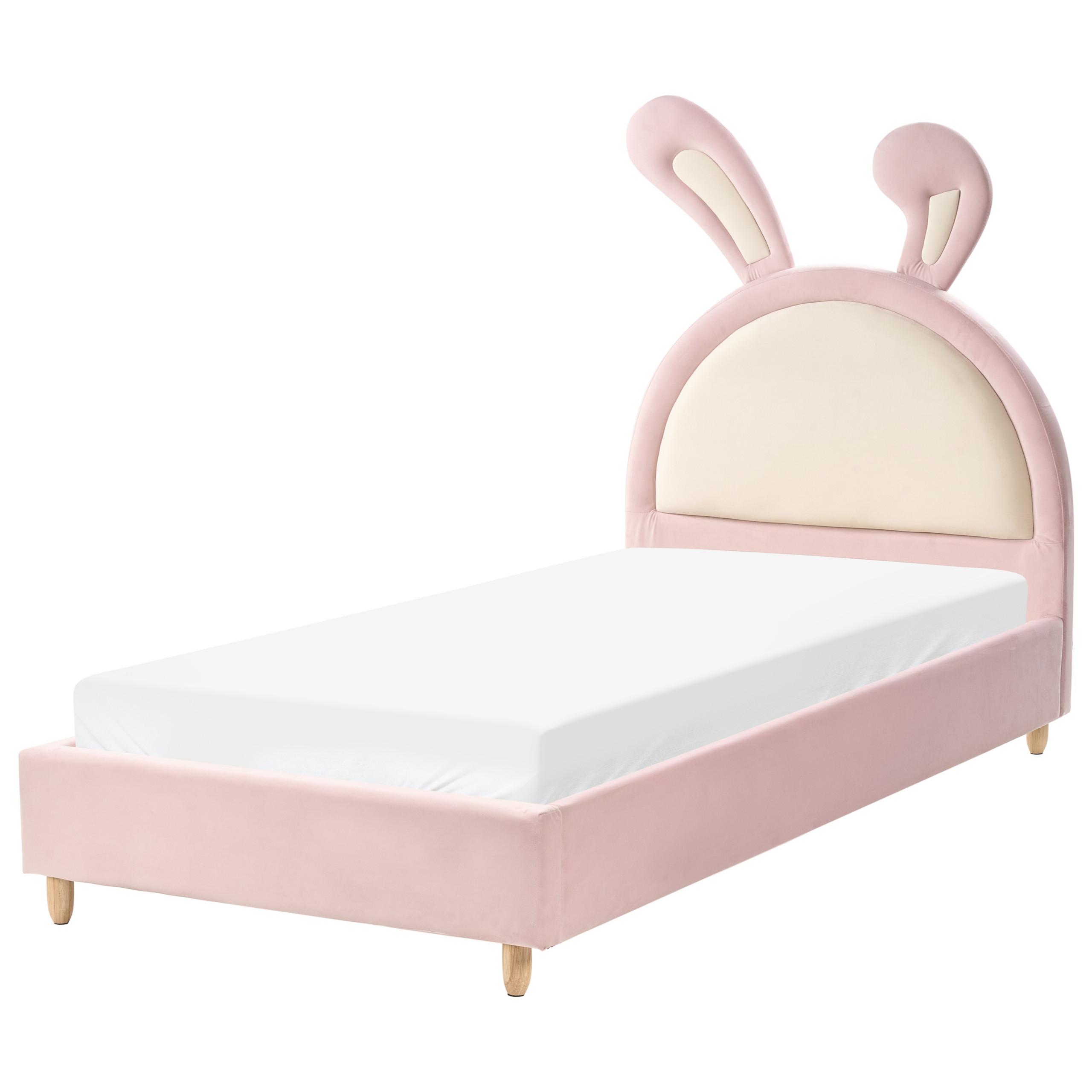 KINDERBETT Kaninchen Samtstoff 90/200 cm Rosa Lallias - Pink/Weiß, Textil (90/200cm) - Beliani