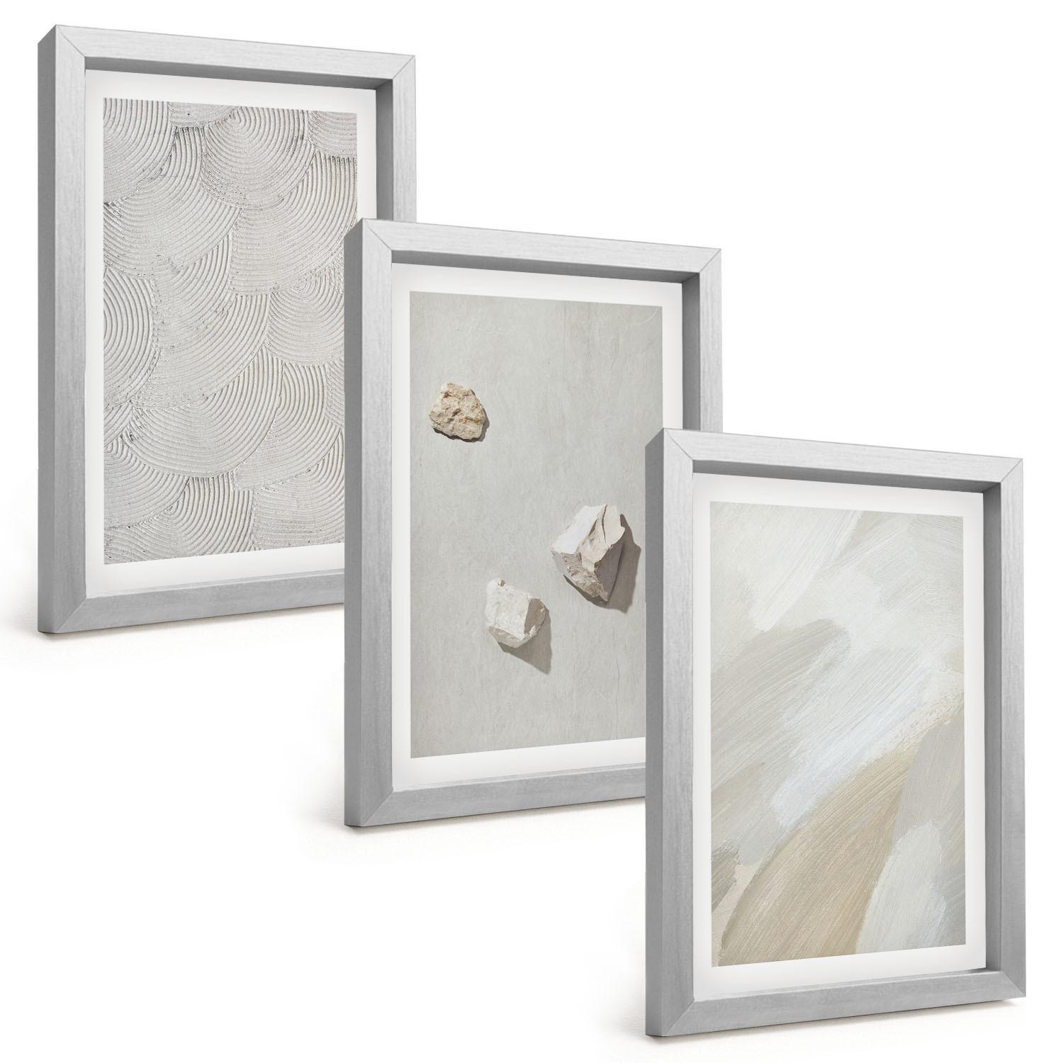 BILDER SET 3er Set - 20x30 cm Silberner Rahmen - Sandsteine moderne Farbe - Silberfarben, Kunststoff (20/30cm) - TULUP