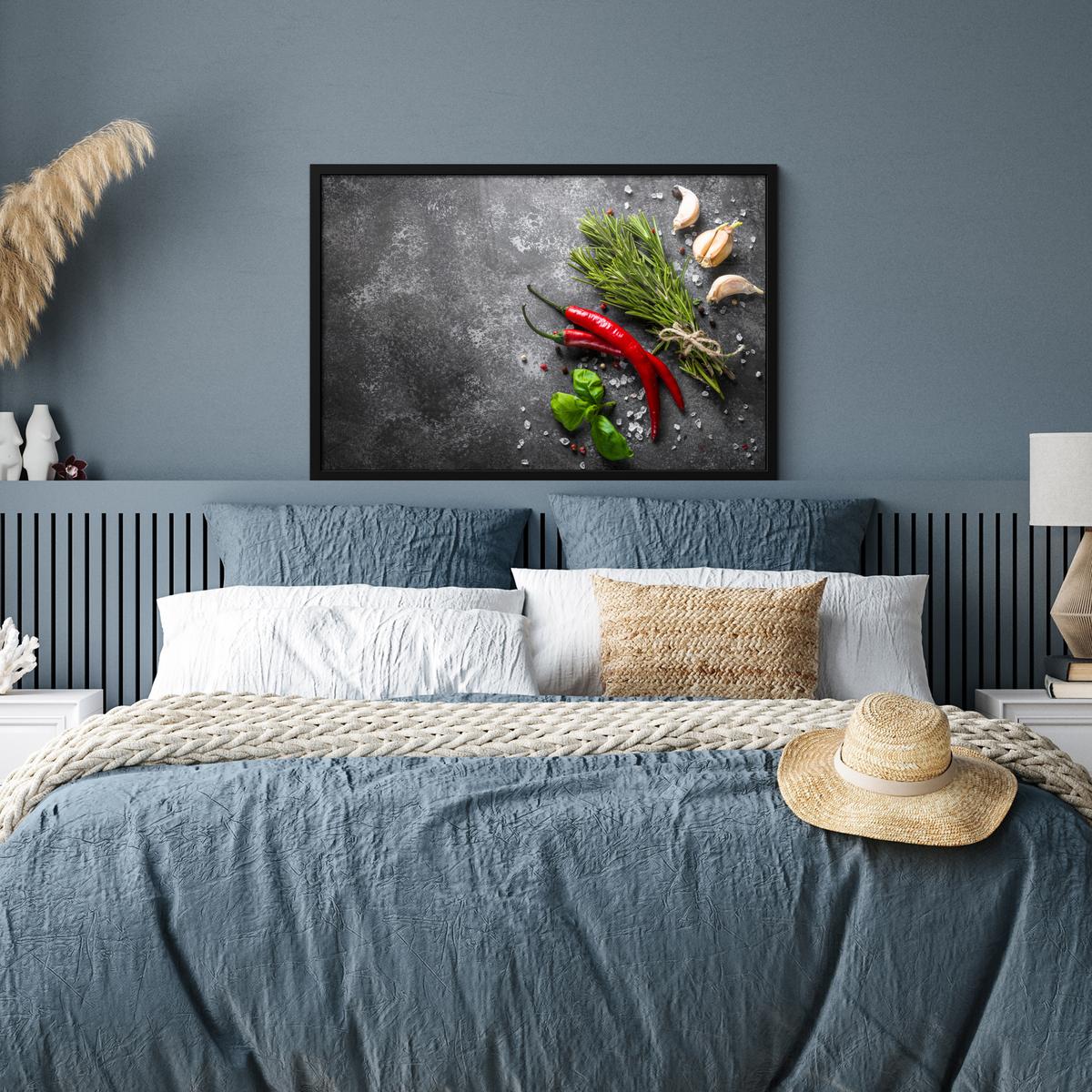 POSTER MIT RAHMENGERAHMTES BILD Pfeffer - Kräuter - Gewürze - Beton 90x60 cm - Dunkelgrau, Papier (90/60cm) - MuchoWow