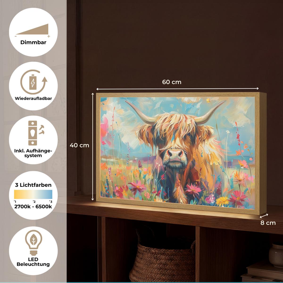 WANDLEUCHTE MIT AKKU Schottische Hochländer - Natur - Farbenfroh - Blumen 60x40 cm - Multicolor, Holzwerkstoff (60/40/8cm) - OnlyWow