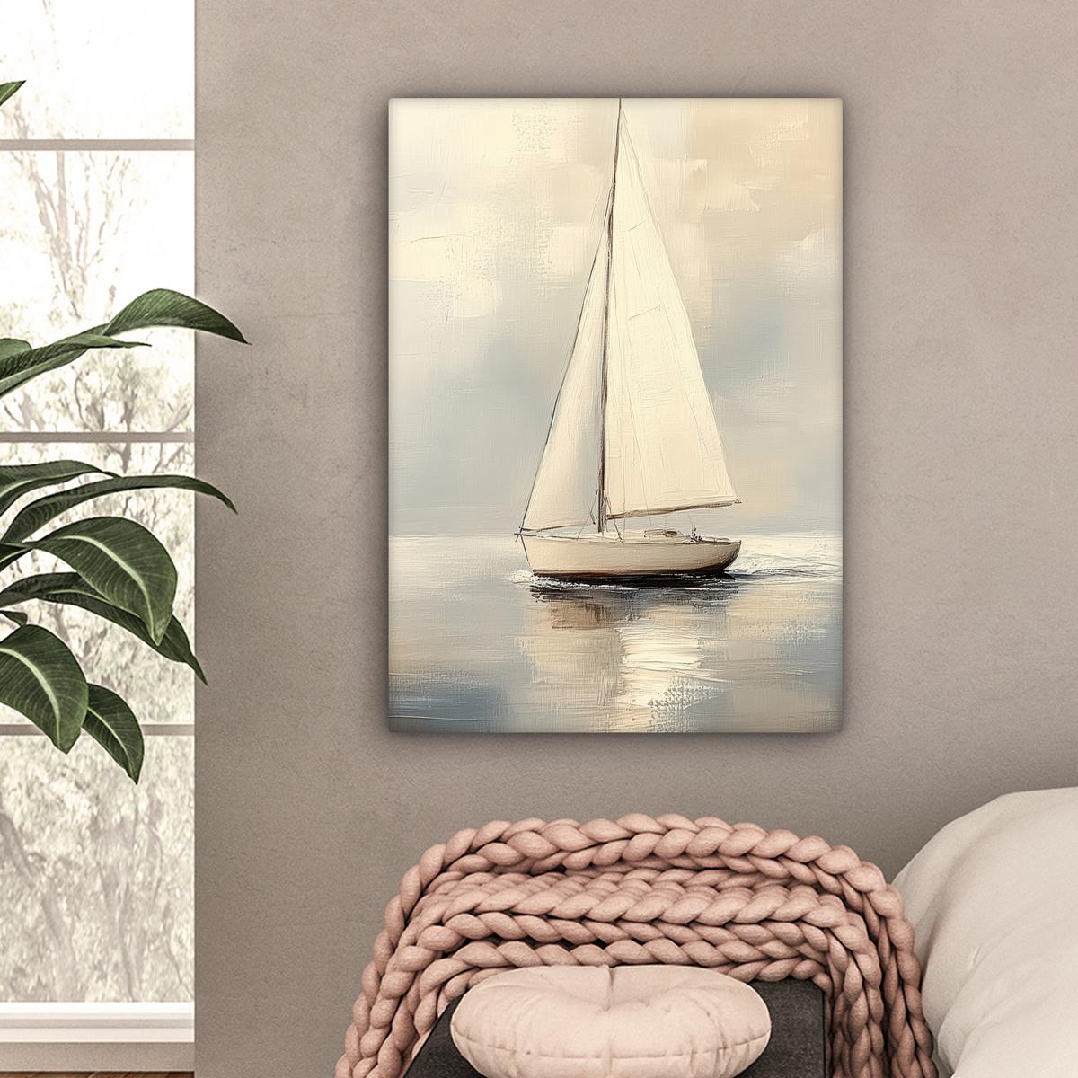 LEINWANDBILD Segelschiff - Meer - Bewölkt Wandbild Wohnzimmer 60x80 cm - Creme, Textil (60/80cm) - MuchoWow