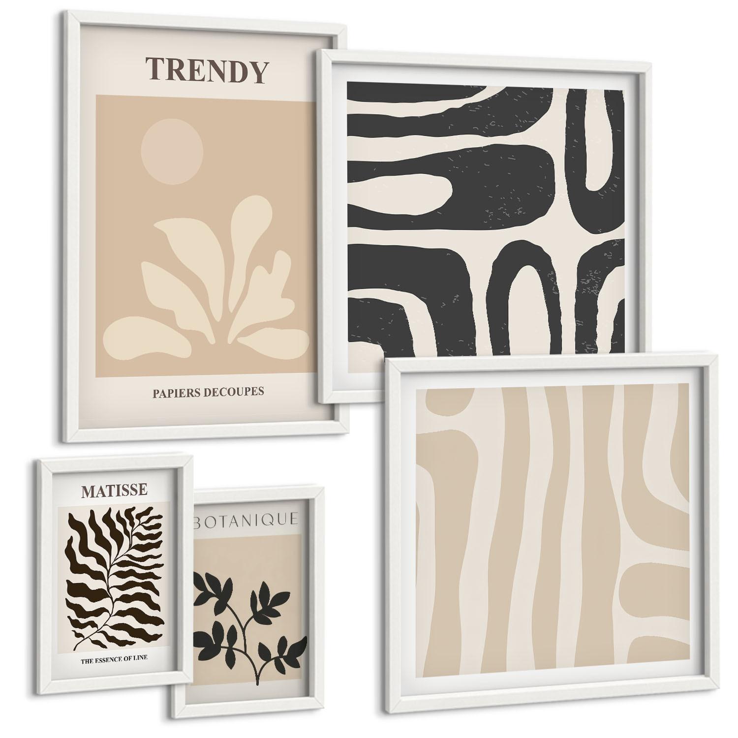 BILDER SET 5er Set - 50x50 cm & 20x30 cm & 40x60 cm Weißer Rahmen - Stilvolle Pflanzenmuster in Beige und Schwarz - Weiß, Kunststoff (40/60cm) - TULUP