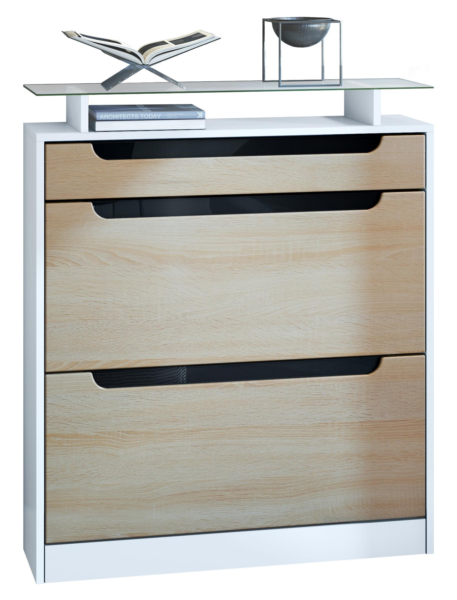 SCHUHSCHRANK Fiesta Eiche sägerau / Schwarz Hochglanz - Eiche San Remo, Holzwerkstoff (89/104/23cm) - Vladon