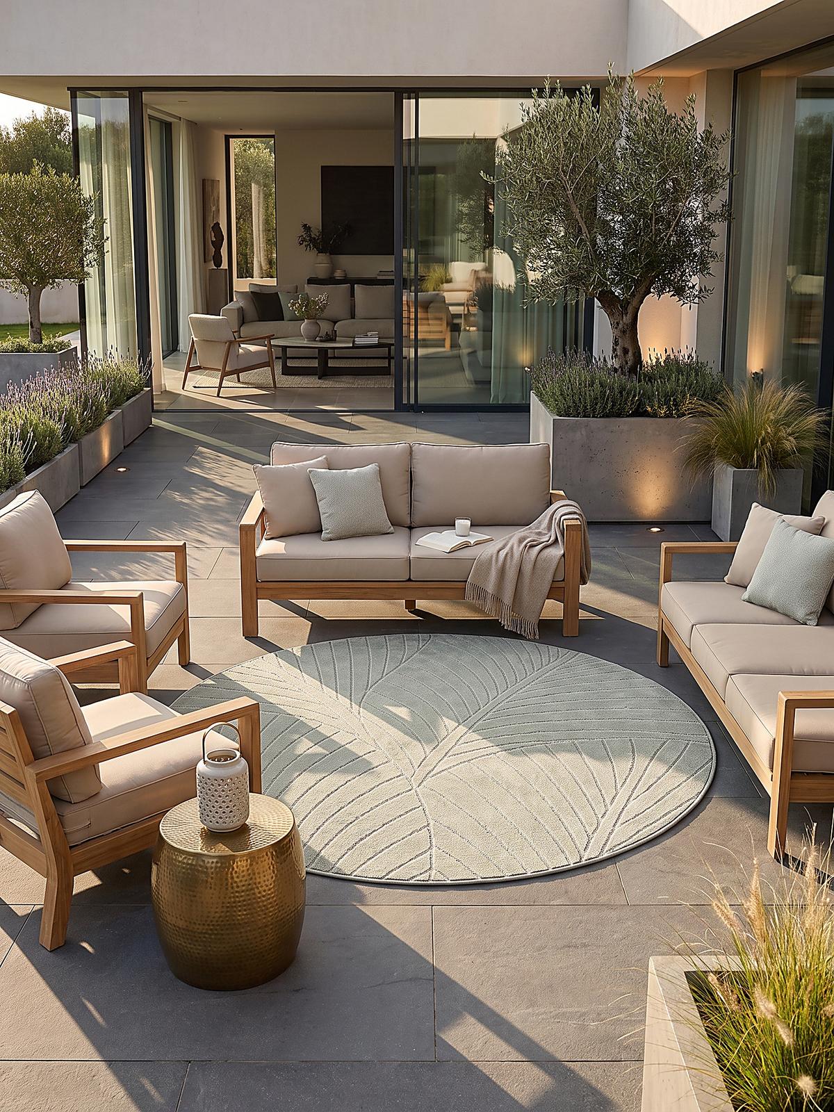 TEPPICH Outdoor, Fußbodenheizung-geeignet, mit Blattmotiv, ENGADIN in Salbeigrün, Ø 80 cm - Grün, Textil (80/80cm) - KADIMA DESIGN