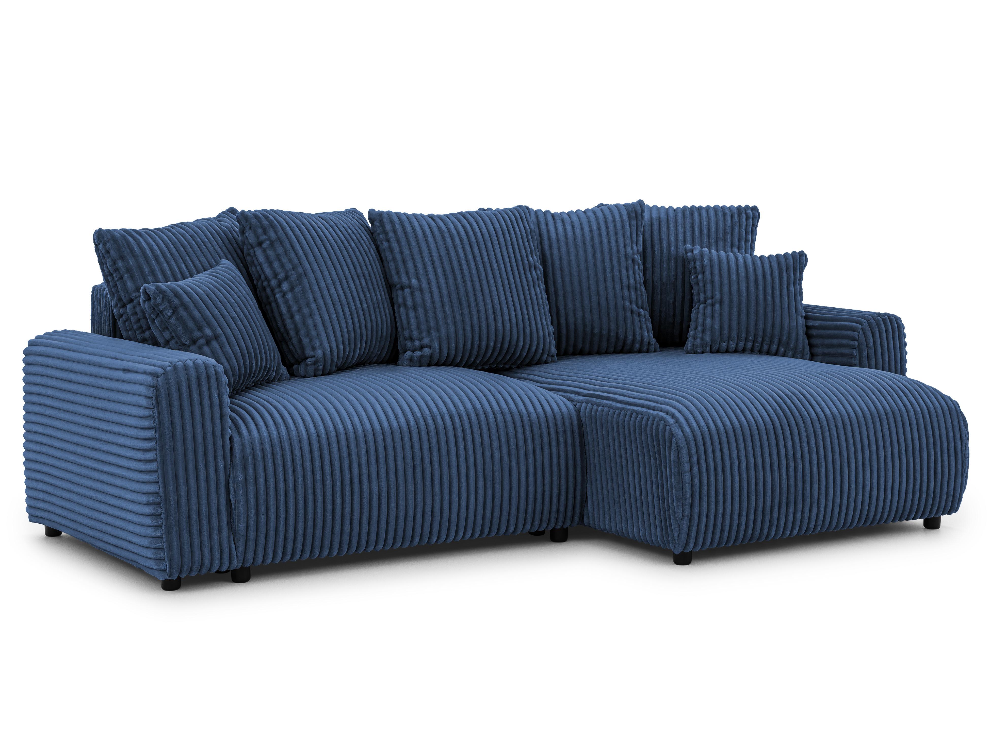 ECKSOFA Calma mit Schlaffunktion und Bettkasten im Bumpy-Design aus weichem Marineblau Plüschcord - Ottomane rechts - Blau/Schwarz, Holz/Kunststoff (140/239cm) - S-Style
