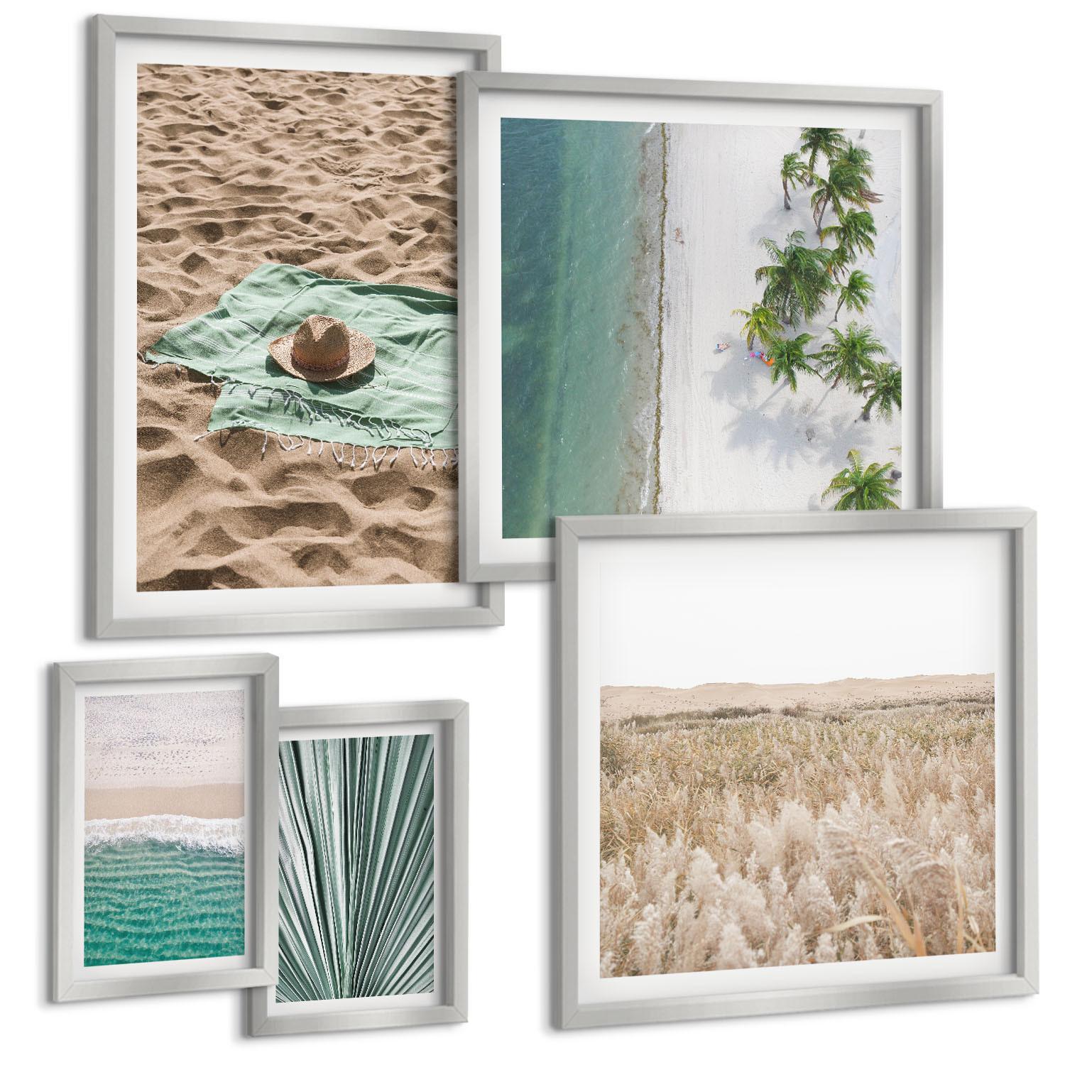 BILDER SET 5er Set - 50x50 cm & 20x30 cm & 40x60 cm Silberner Rahmen - Urlaubsblick Strand Meer - Silberfarben, Kunststoff (40/60cm) - TULUP