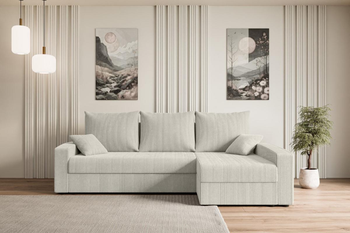 ECKSOFA mit Schlaffunktion und Bettkasten ALESIA-L 231x140x90 cm Creme Cord - Silberfarben/Hellgrau, Holzwerkstoff/Kunststoff (231/140cm) - ALTDECOR