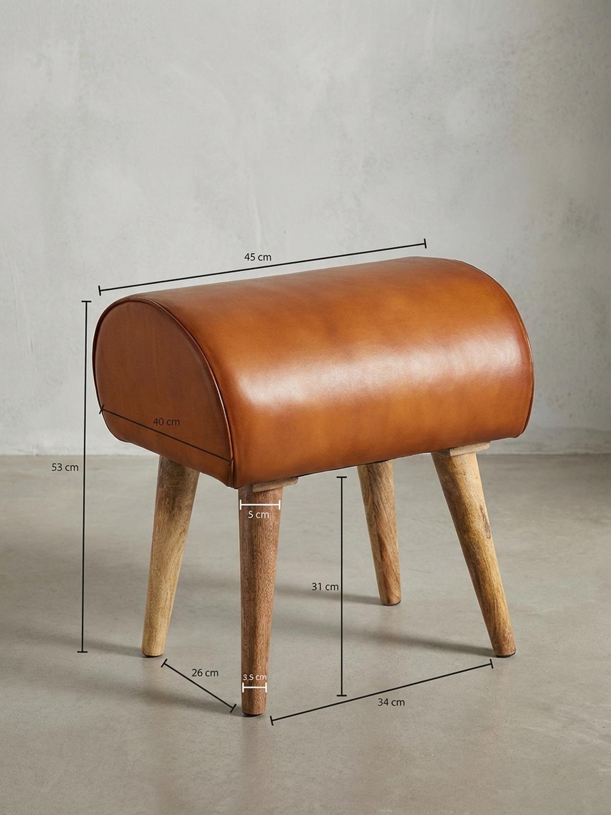 SITZHOCKER – Echtleder/Massivholz, 45x53x40 cm, 120 kg Belastbarkeit - Braun, Mangoholz/Leder (45/53/40cm) - KADIMA DESIGN