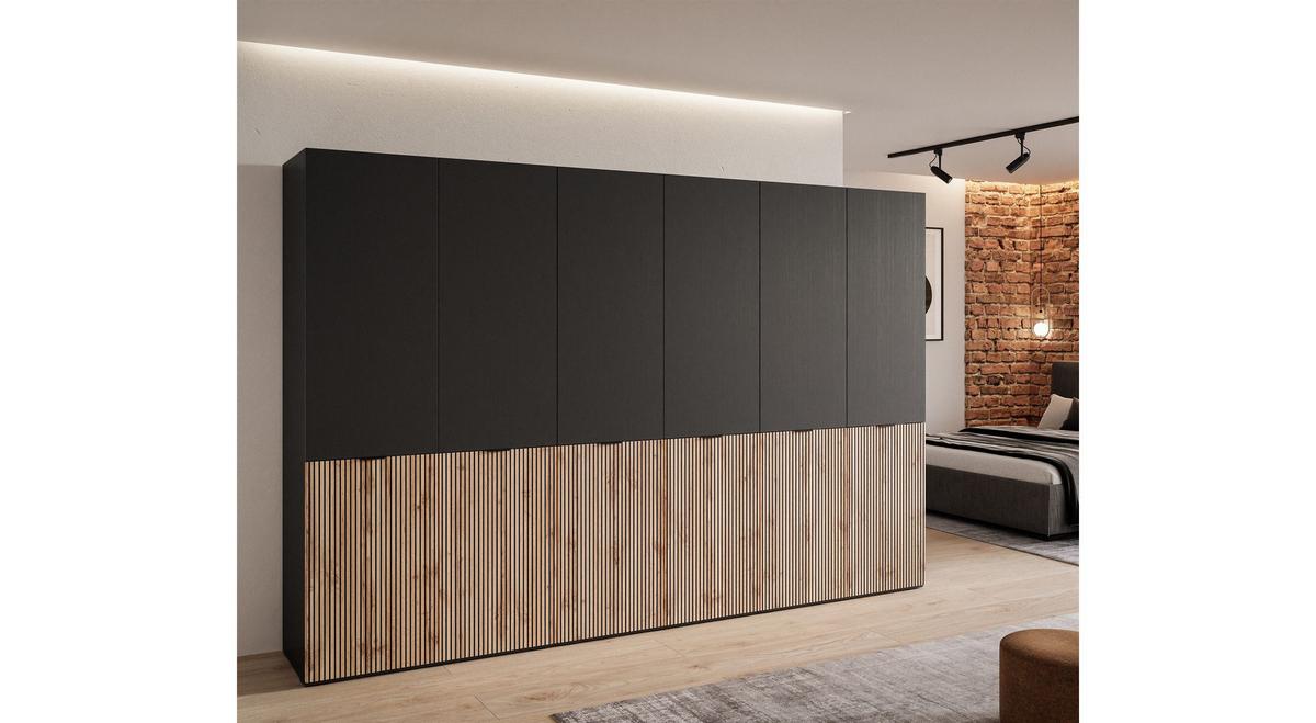 KLEIDERSCHRANK SANDBOX LOFT 300 303/49/200 cm Schwarzgraphit / Schwarzgraphit + Eiche Wotan mit LED 12 Zusatzböden - Eiche Wotan/Schwarz, Holzwerkstoff/Kunststoff (303/200/49cm) - Lookway