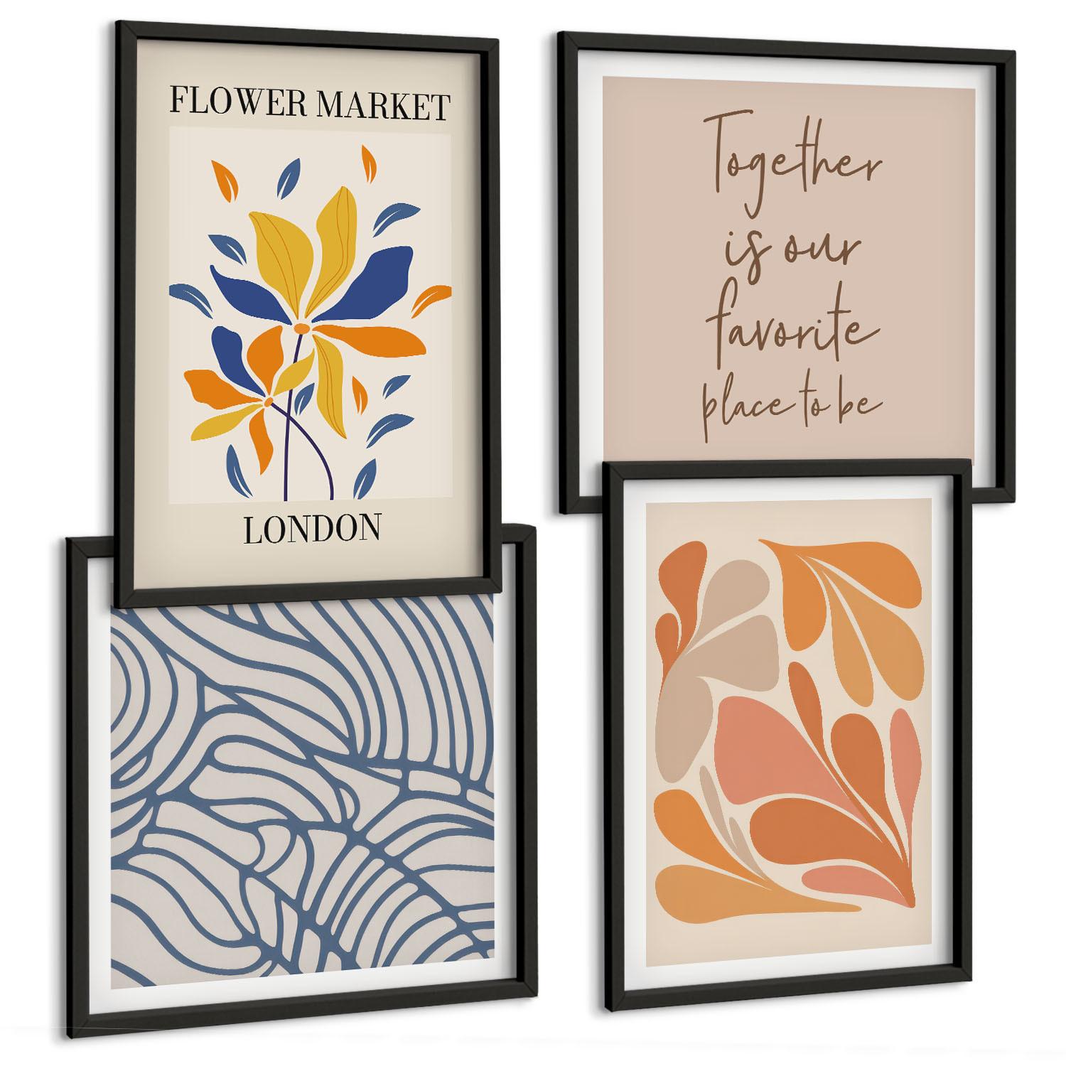 BILDER SET 4er Set - 50x50 cm & 40x60 cm Schwarzer Rahmen - Moderne abstrakte Blumen - Schwarz, Kunststoff (50/50cm) - TULUP