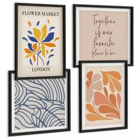 BILDER SET 4er Set - 50x50 cm & 40x60 cm Schwarzer Rahmen - Moderne abstrakte Blumen - Schwarz, Kunststoff (50/50cm) - TULUP