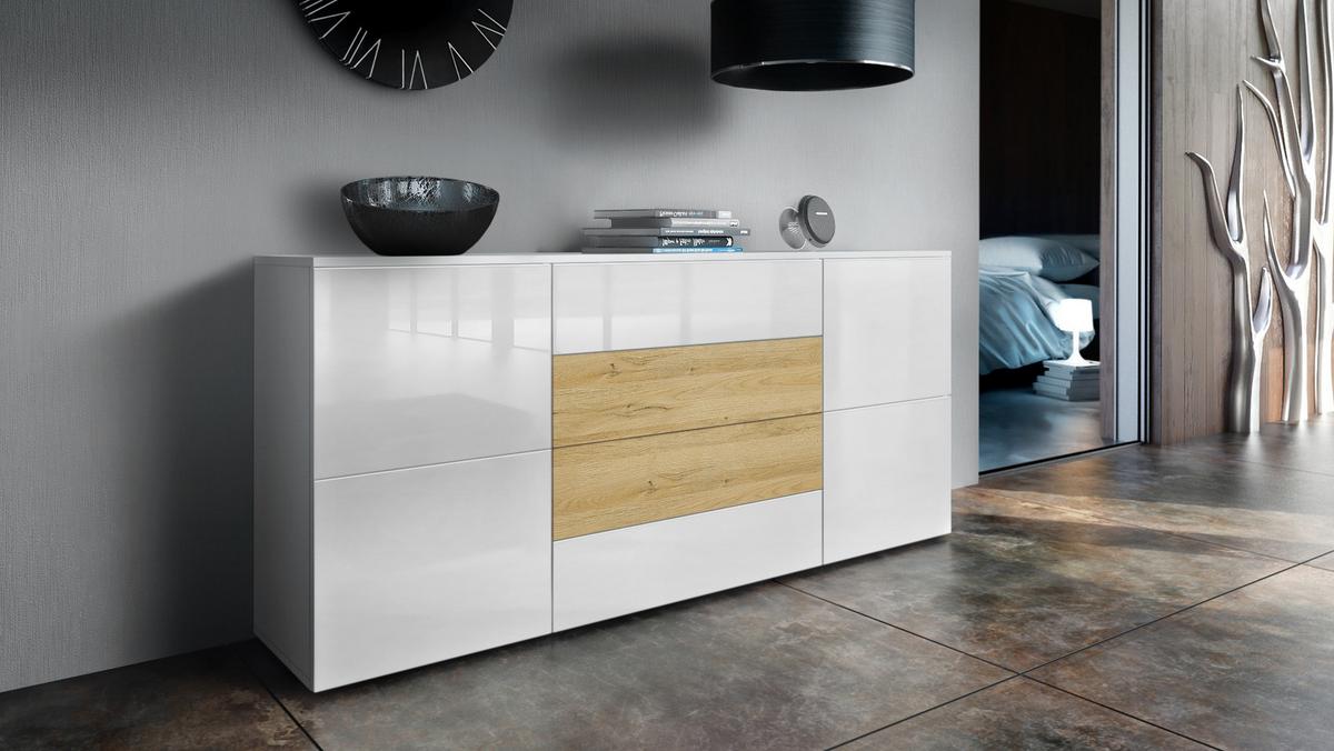 SIDEBOARD Rova Weiß Hochglanz/ Eiche Natur - Hellbraun/Weiß Hochglanz, Holzwerkstoff (166/72/35cm) - Vladon