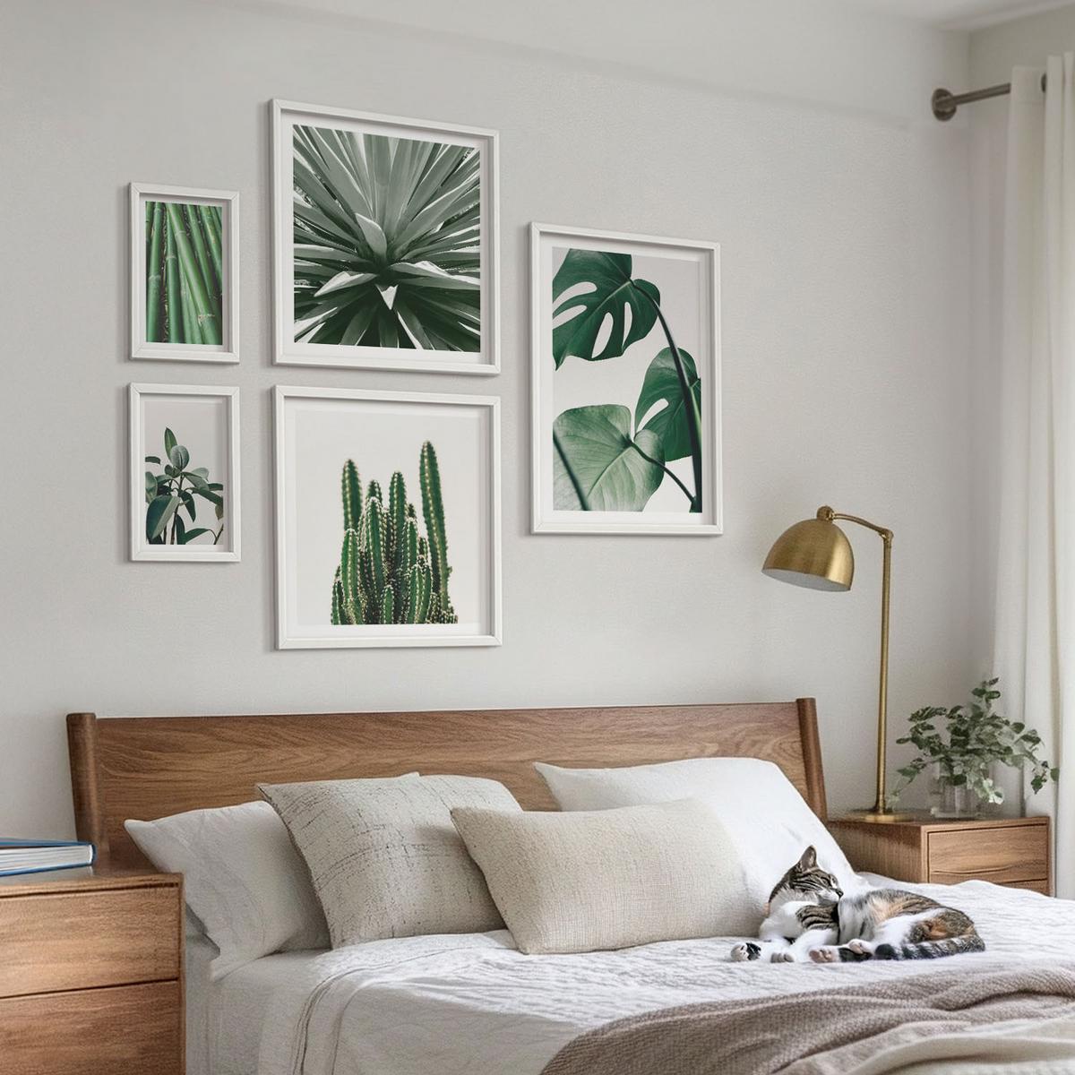BILDER SET 5er Set - 50x50 cm & 20x30 cm & 40x60 cm Weißer Rahmen - Bambusblätter - Weiß, Kunststoff (40/60cm) - TULUP