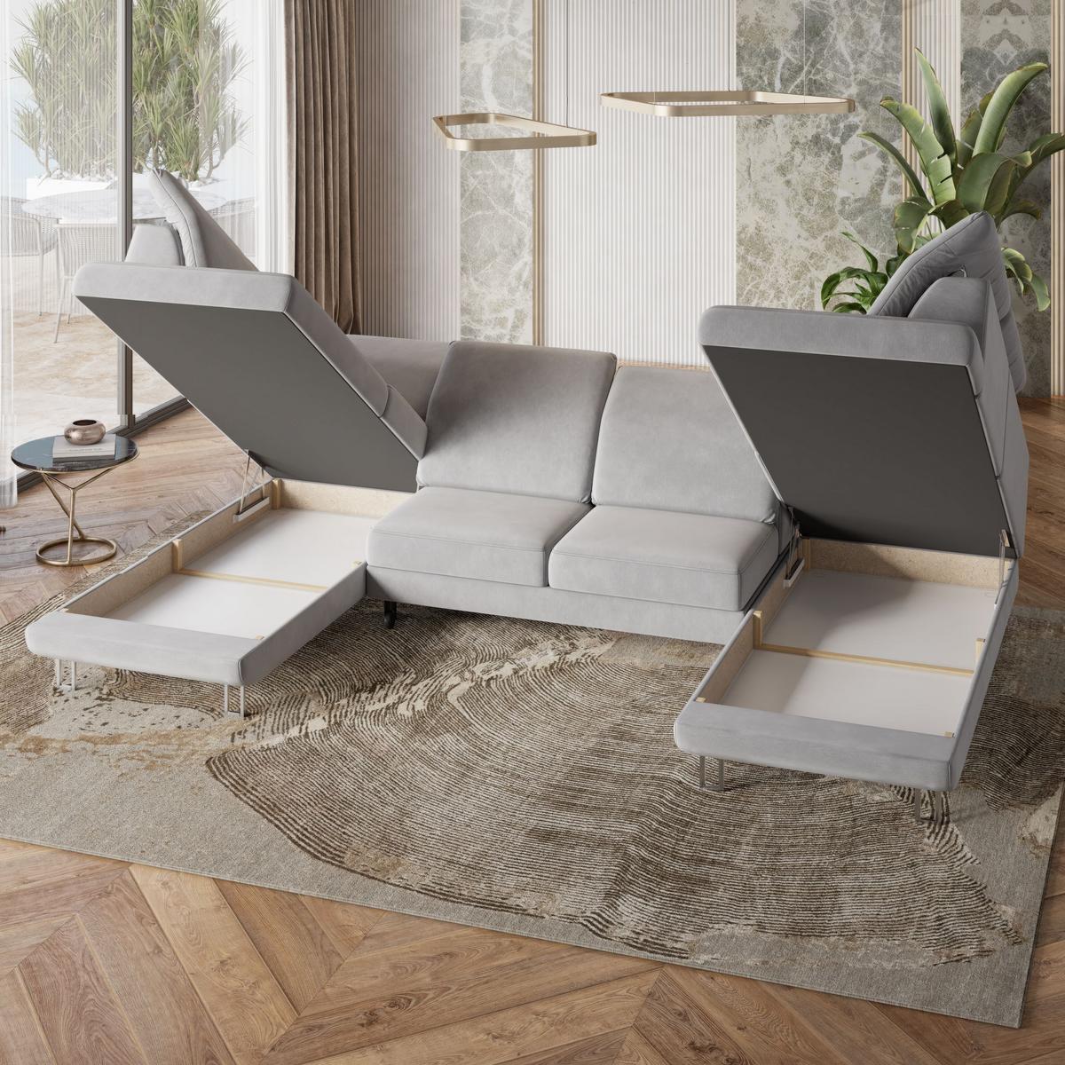 WOHNLANDSCHAFT TERAMO Lila Velours-Stoff mit Schlaffunktion - Lila/Silberfarben, Holz/Textil (316/88/193cm) - MASSENO