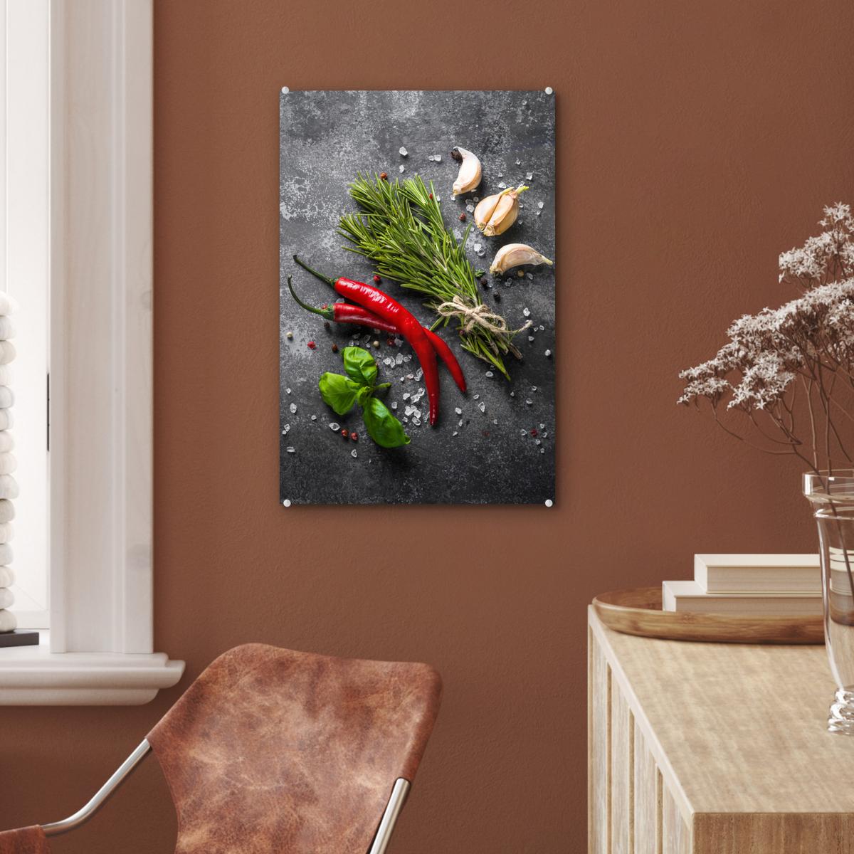 ACRYLGLASBILD Pfeffer - Kräuter - Gewürze - Beton Wanddeko Wohnzimmer 40x60 cm - Dunkelgrau, Glas (40/60cm) - MuchoWow