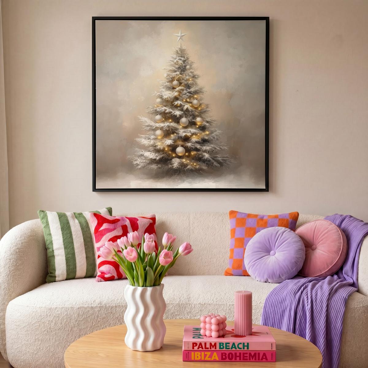 LEINWAND Bilder mit Rahmen - Weihnachten - Weihnachtsbaum - Schnee - Kunst - 90x90 - Champagner, Textil (90/90cm) - MuchoWow