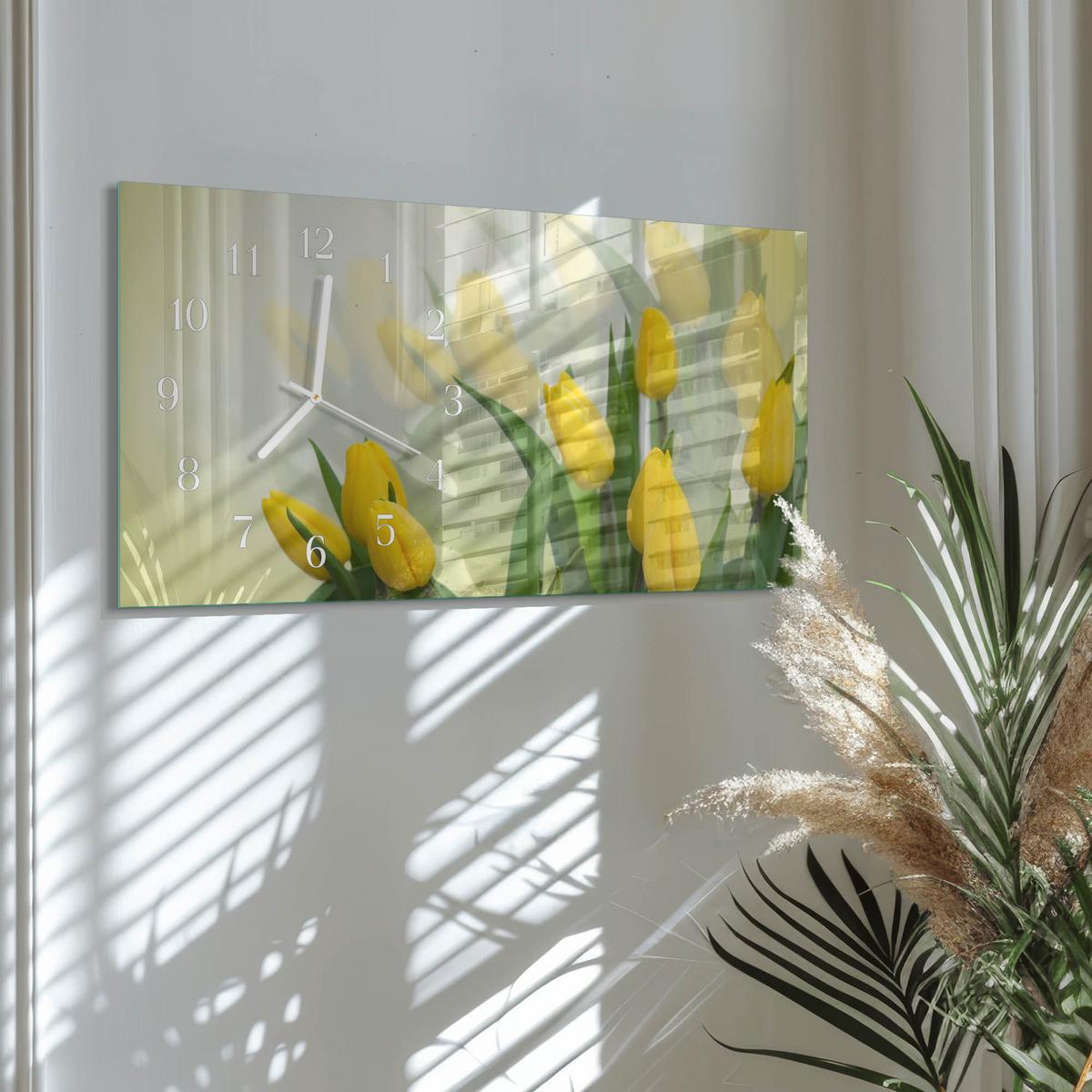 WANDUHR aus Glas 60x30 cm - Tulpen - Gelb, Glas (60/30/0.4cm) - TULUP