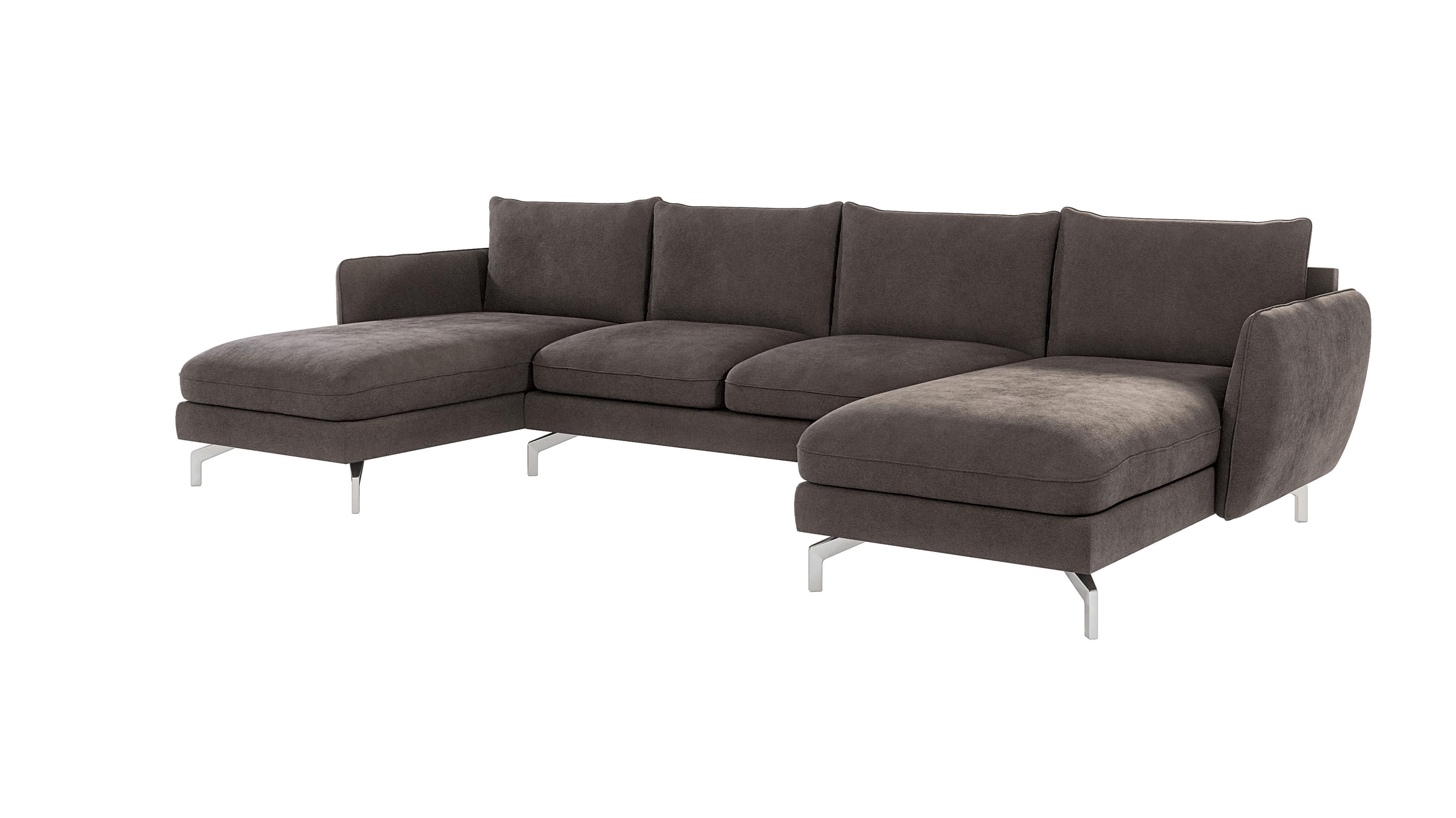 WOHNLANDSCHAFT Elou Braun - Khaki Luxusmicrofaser - Chromfarben/Dunkelbraun, Textil/Metall (349/87/167cm) - S-Style Möbel