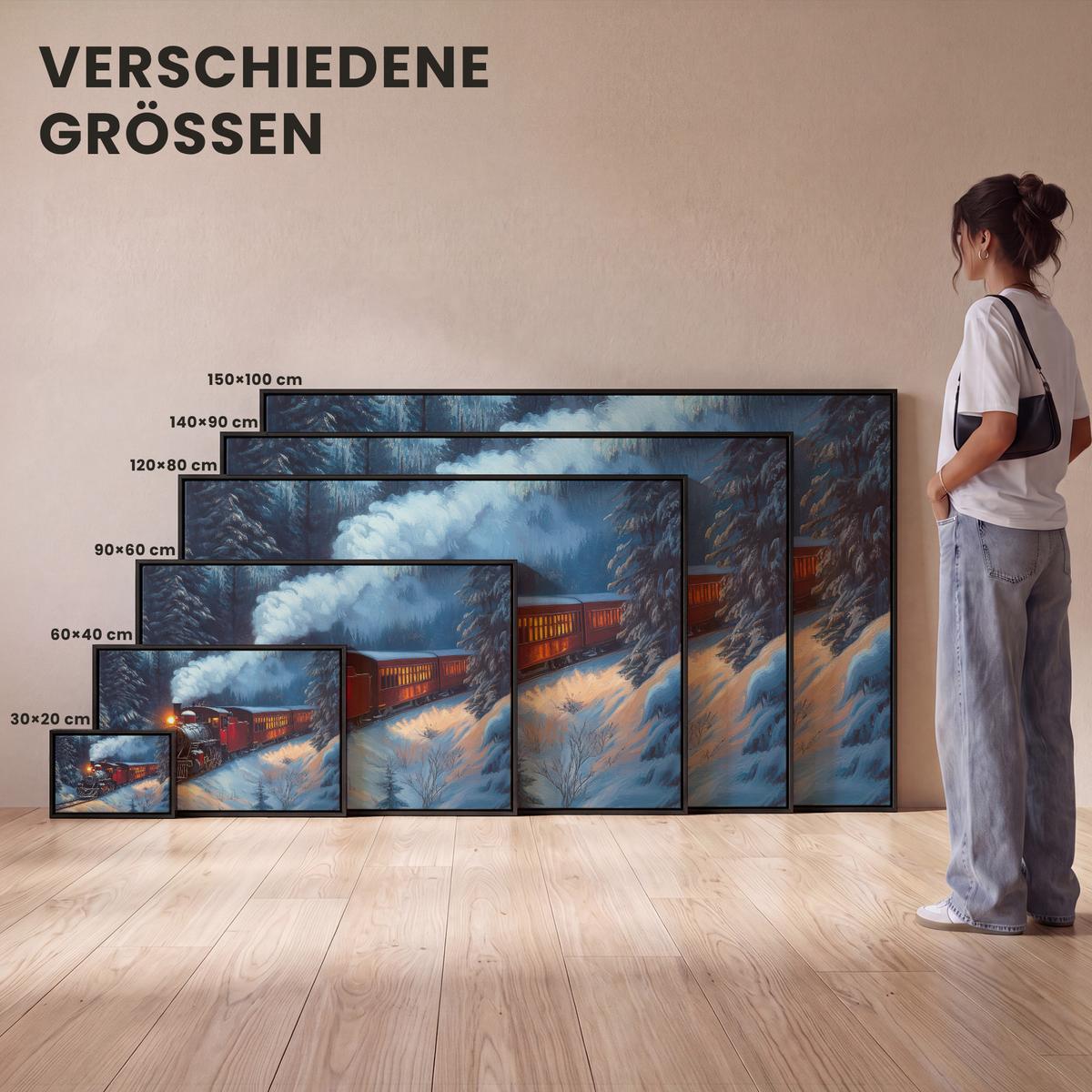 LEINWAND Bilder mit Rahmen - Zug - Weihnachten - Schnee - Weihnachtszug - 120x80 - Anthrazit, Textil (120/80cm) - MuchoWow