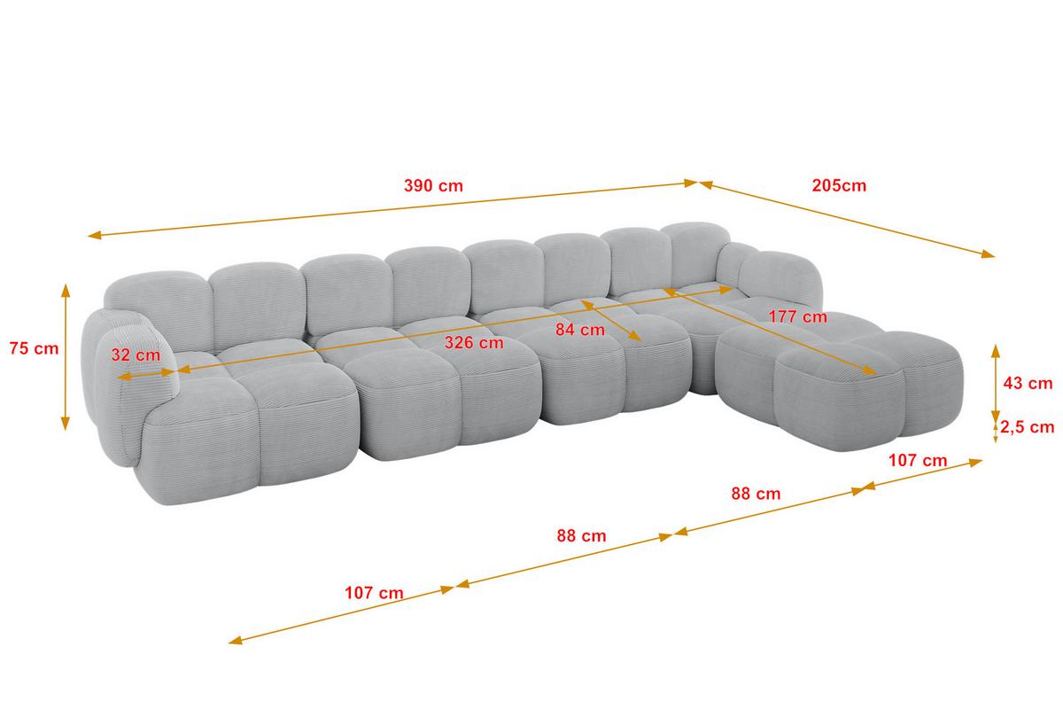 ECKSOFA modulares Sofa Rechts Miko-L3 390x205x75 Grau Cord - Anthrazit/Schwarz, Holzwerkstoff/Kunststoff (390/205cm) - ALTDECOR