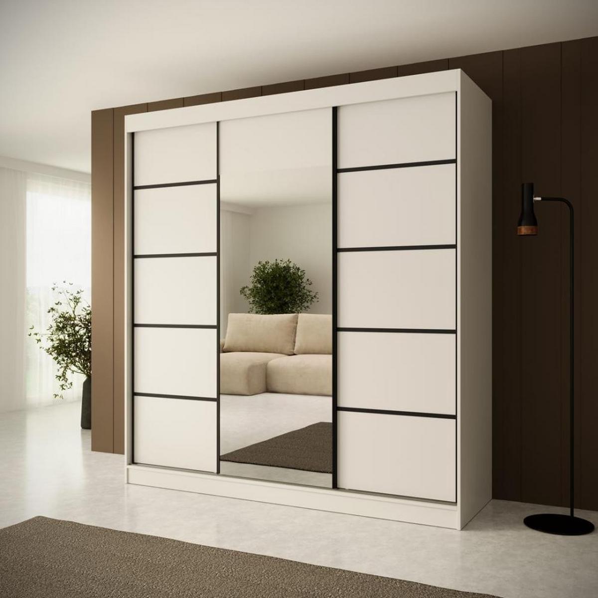 SCHWEBETÜRENSCHRANK Monica 200/215/61 3-türig weiß+schwarz mit Spiegel - Schwarz/Weiß, Holzwerkstoff (200/215/61cm) - Beautysofa