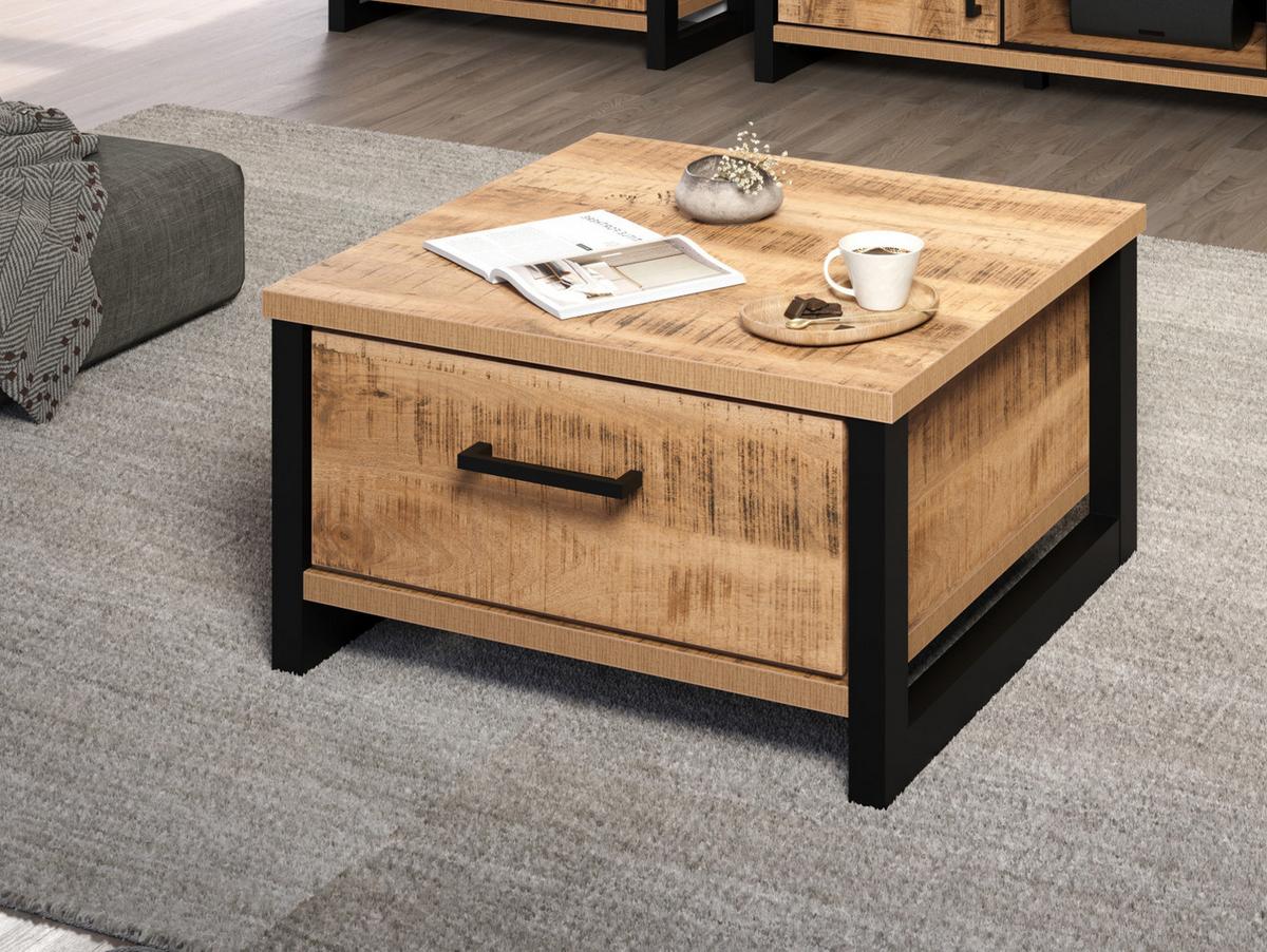 COUCHTISCH Mango, schwarz quadratisch 80 x 80 cm, Beistelltisch mit zwei Schubladen - Schwarz/Naturfarben, Holzwerkstoff/Kunststoff (80/80/45cm) - Top.Furn