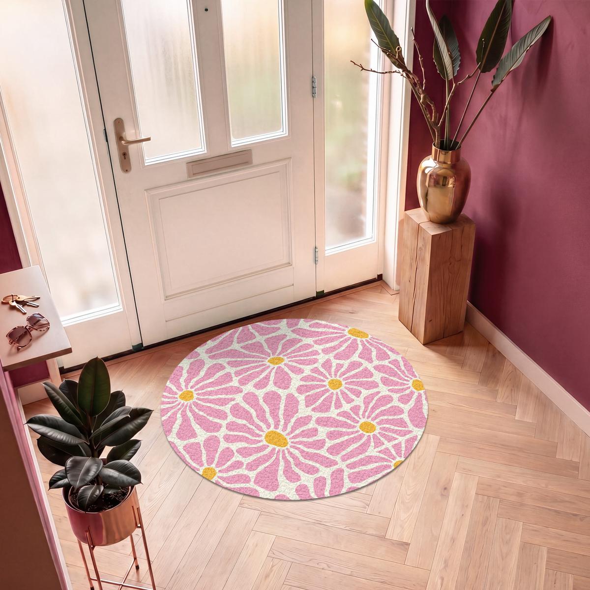 FUSSMATTE Blumen - Muster - Rosa - Beige - Orange Sauberlaufmatte 120x120 cm - Rosa, Kunststoff (120/0.4cm) - MuchoWow