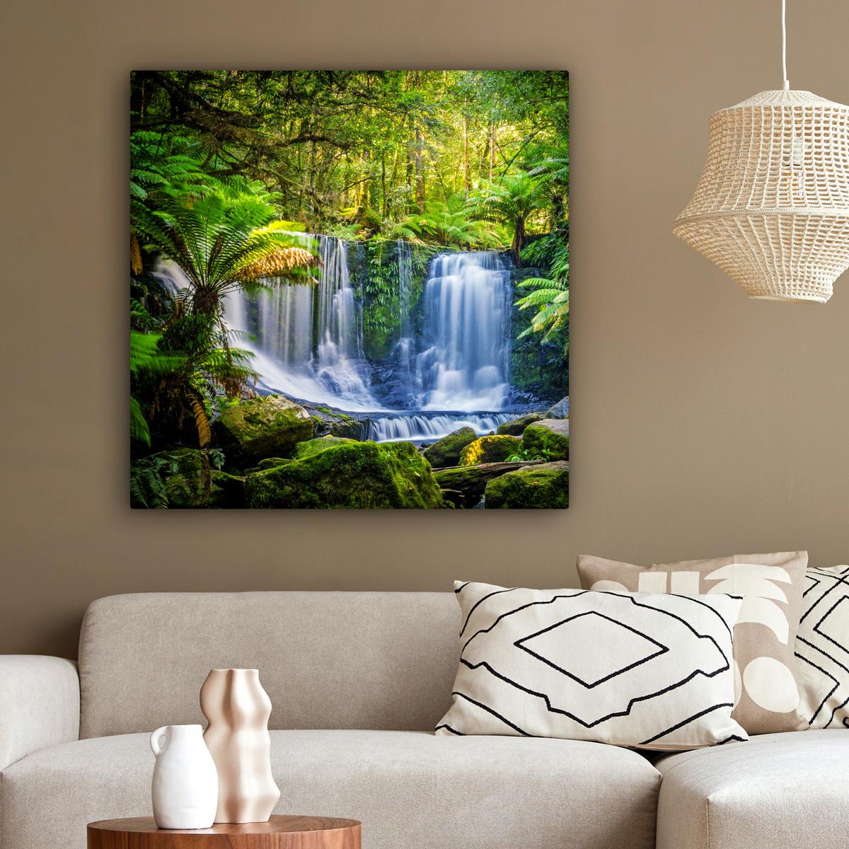 LEINWANDBILD Dschungel - Wasserfall - Australien - Pflanzen - Natur Deko Groß 90x90 cm - Dunkelgrün, Textil (90/90cm) - MuchoWow