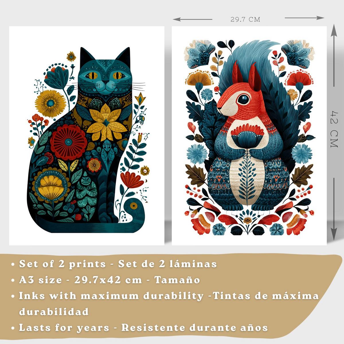 POSTER 2er-Set moderne Kunstdrucke im Folk-Stil, Katzen- und Eichhörnchen-Dekorationsbilder, farbenfrohe Blumenposter für Wohnzimmer Weißer Rahmen A3 - Weiß, Papier (42/29.7/3cm) - Nacnic