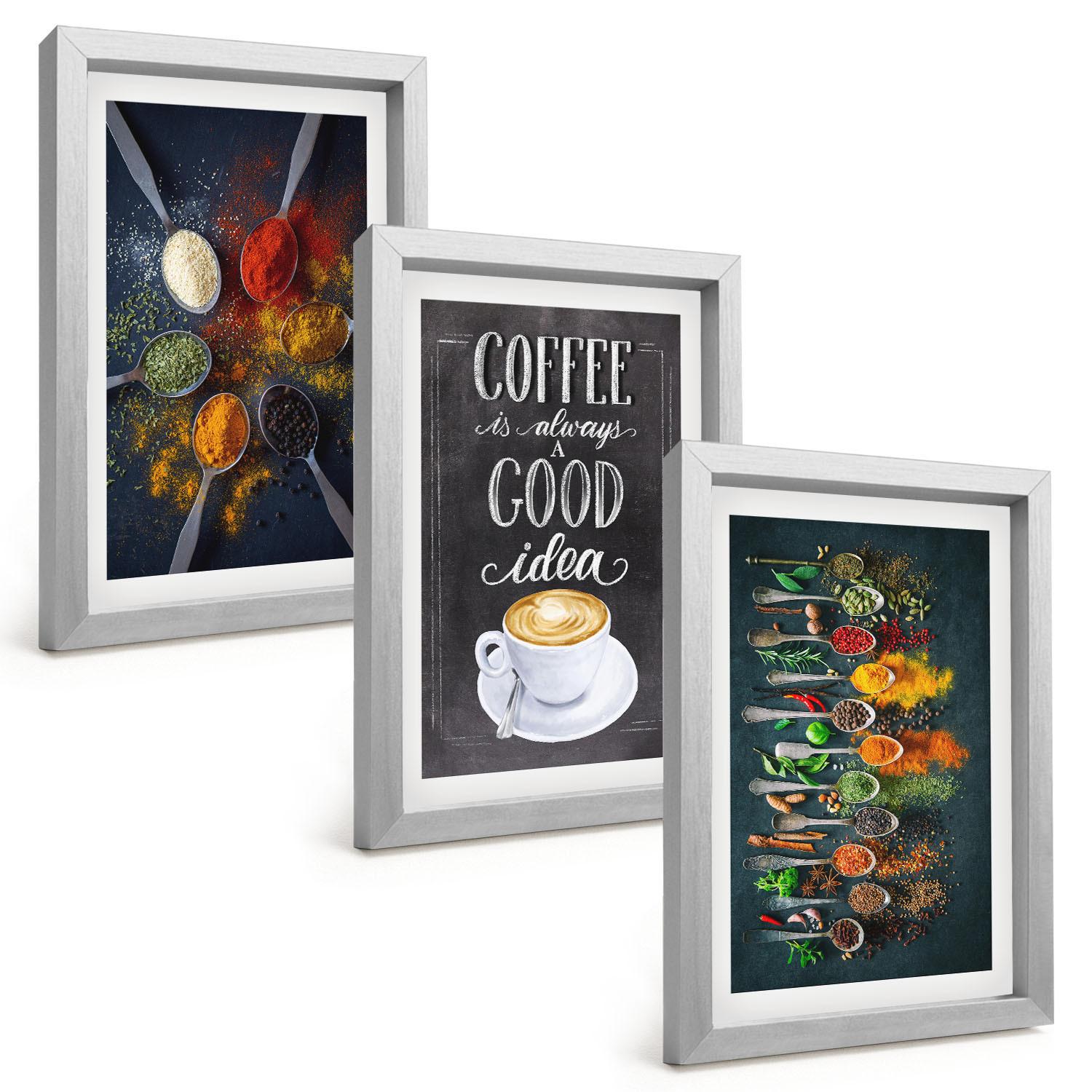 BILDER SET 3er Set - 20x30 cm Silberner Rahmen - Gewürze, Kaffee, Kräuter, Muster - Silberfarben, Kunststoff (20/30cm) - TULUP