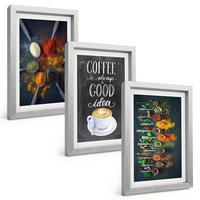 BILDER SET 3er Set - 20x30 cm Silberner Rahmen - Gewürze, Kaffee, Kräuter, Muster - Silberfarben, Kunststoff (20/30cm) - TULUP