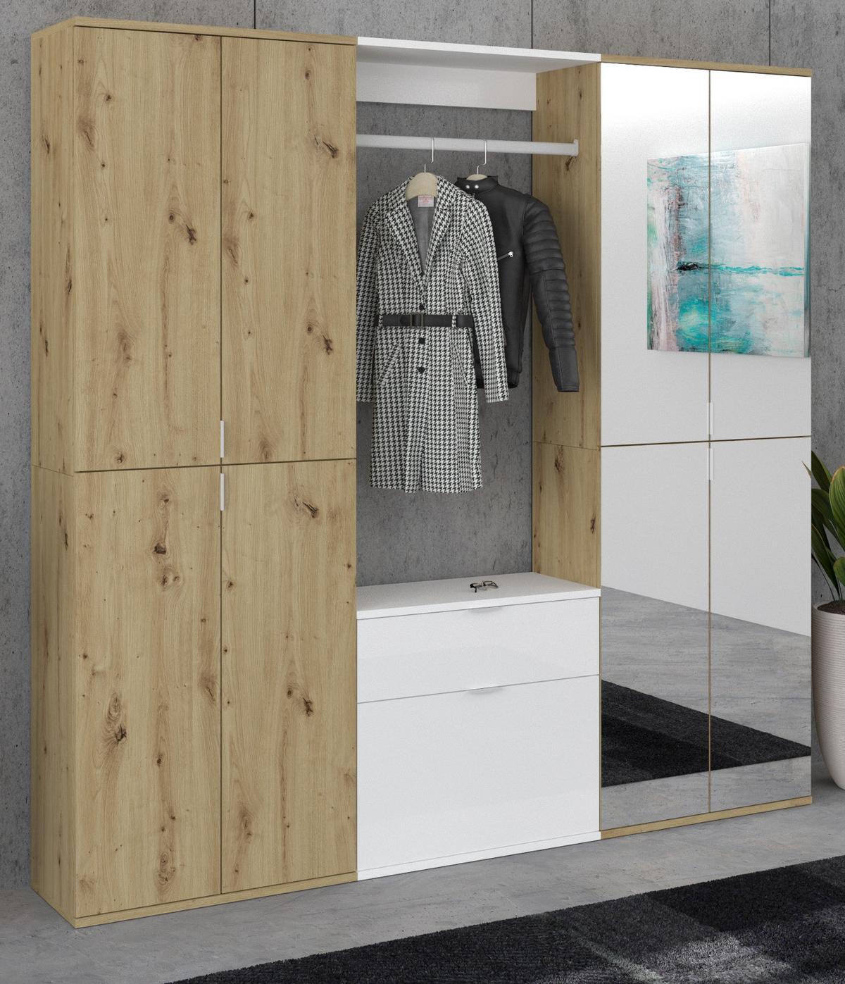 GARDEROBE Eiche Artisan, weiß Hochglanz 183 cm, Kombination mit 21 Fächern - Chromfarben/Weiß Hochglanz, Glas/Holzwerkstoff (183/193/34cm) - Inn.Furn