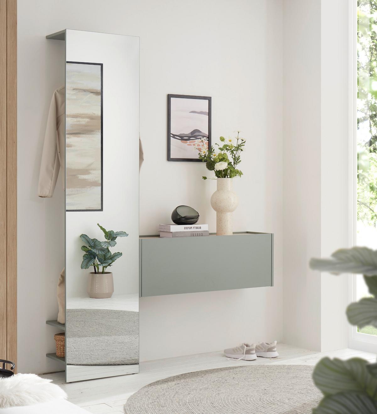 GARDEROBE in Salbei Grün, Kompaktgarderobe mit Spiegel und Kleiderstange, 50 x 200 cm - Salbeigrün, Glas/Holzwerkstoff (50/200/30cm) - Furn.Design