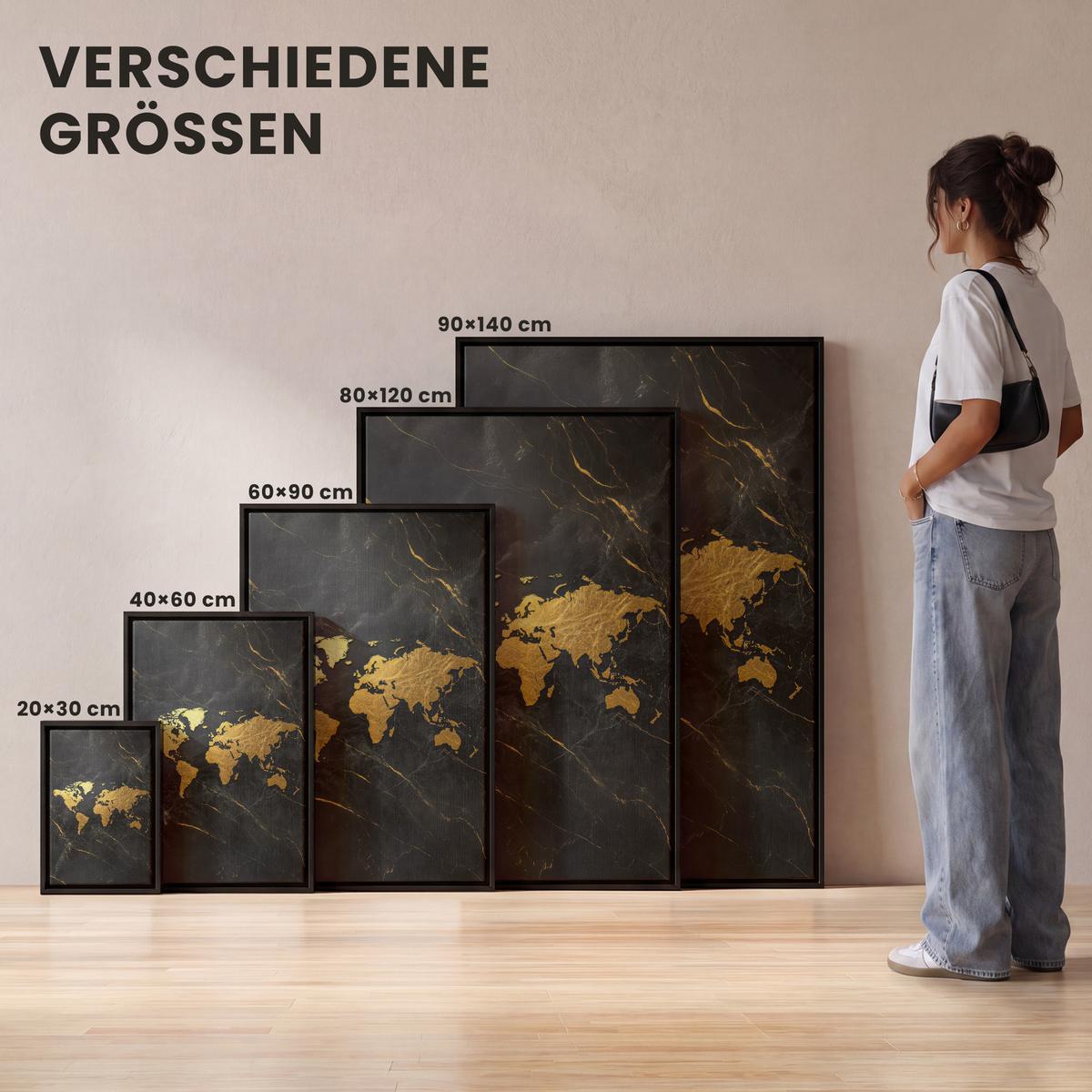 LEINWAND Bilder mit Rahmen - Weltkarte - Gold - Marmor - 100x150 - Goldfarben, Textil (100/150cm) - MuchoWow