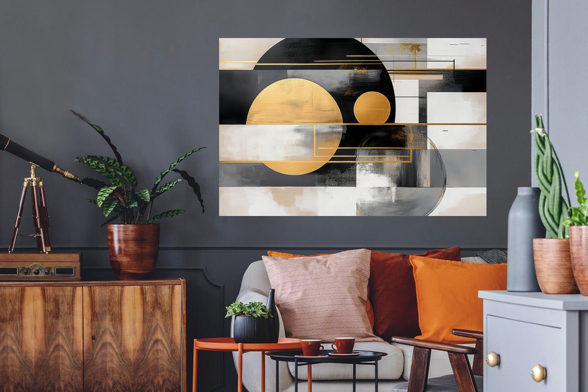 WANDTATTOO Abstrakt - Gold - Silber - Formen - Ästhetisch - Modern Wandsticker 120x80 cm - Goldfarben, Kunststoff (120/80/0.1cm) - MuchoWow