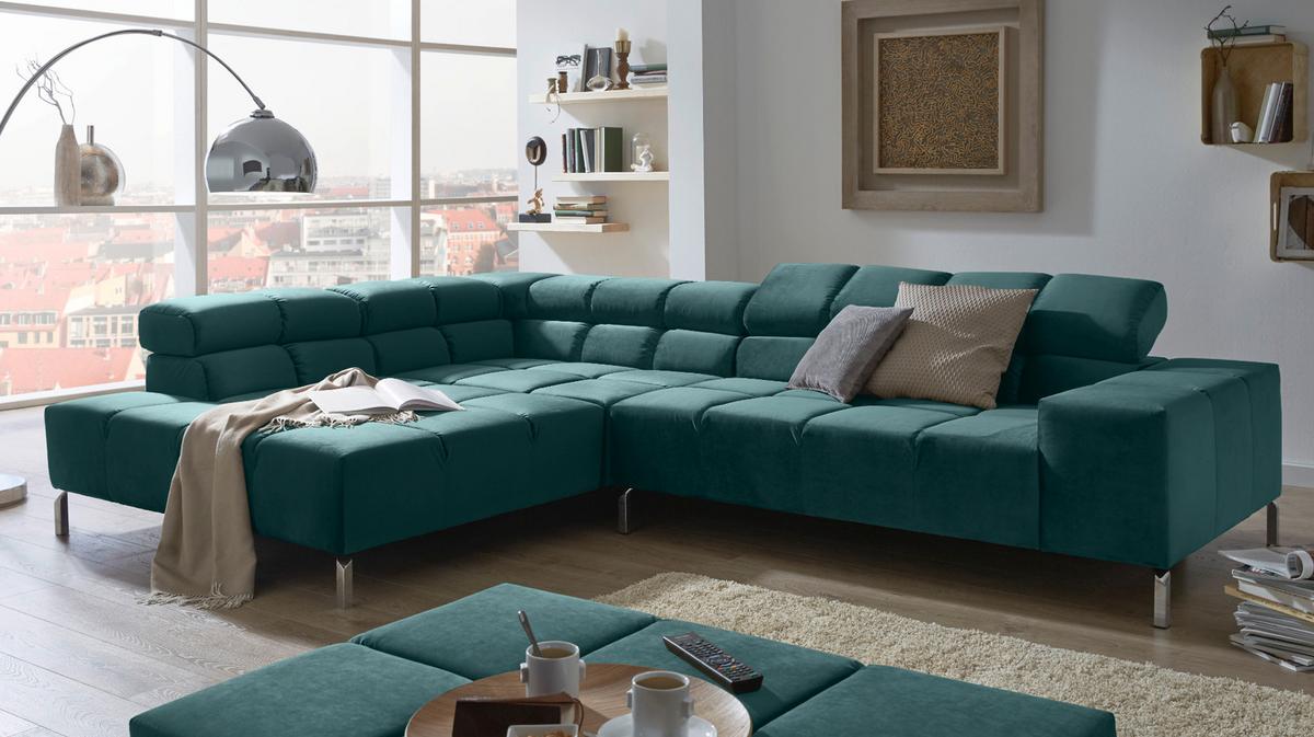 ECKSOFA MIT MOTORISCHEM SITZVORZUG NELSON Smaragdgrün Velvet Relaxfunktion - Smaragdgrün/Silberfarben, Textil (321/216cm) - KAWOLA