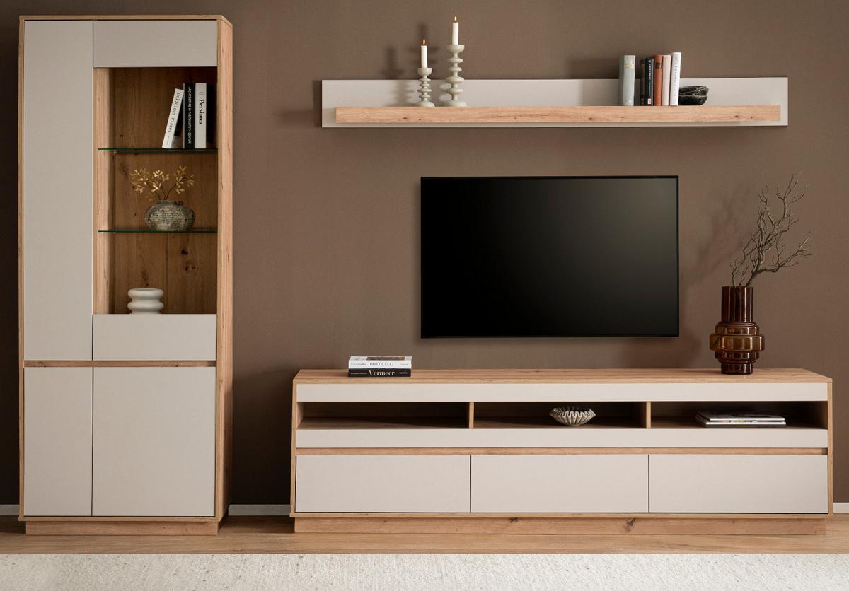 WOHNWAND Kaschmir, Artisan Eiche 3-teilig 292 cm, Schrankwand mit Soft-Close - Kaschmir/Eiche Artisan, Glas/Holzwerkstoff (292/205/45cm) - Furn.Design