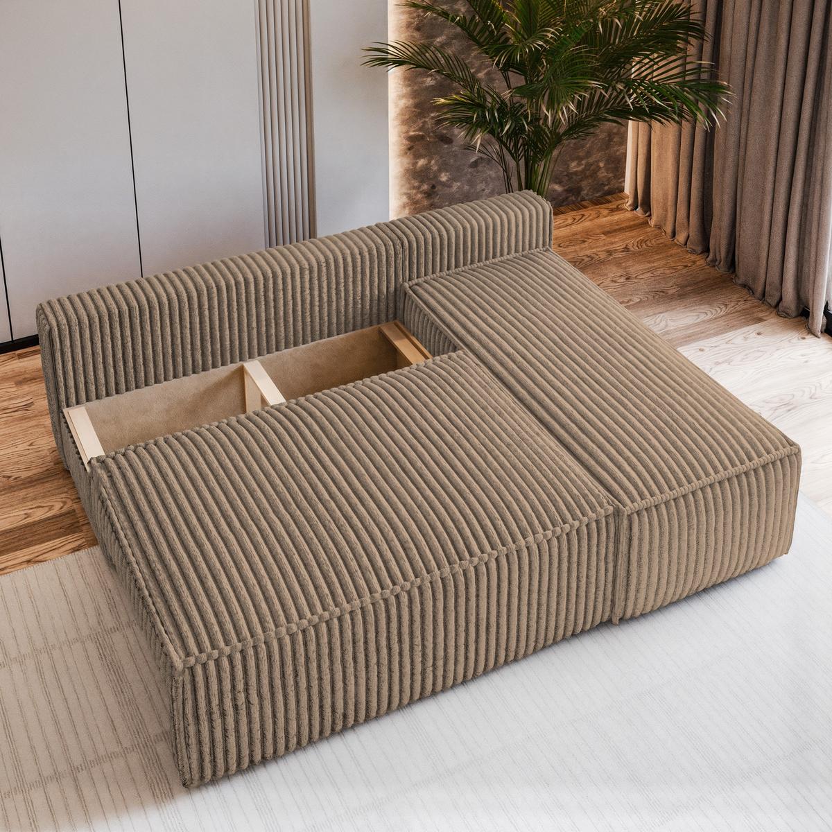 ECKSOFA BRISO T Beige Kordstoff mit Schlaffunktion - Beige/Grau, Holz/Kunststoff (200/140cm) - MASSENO