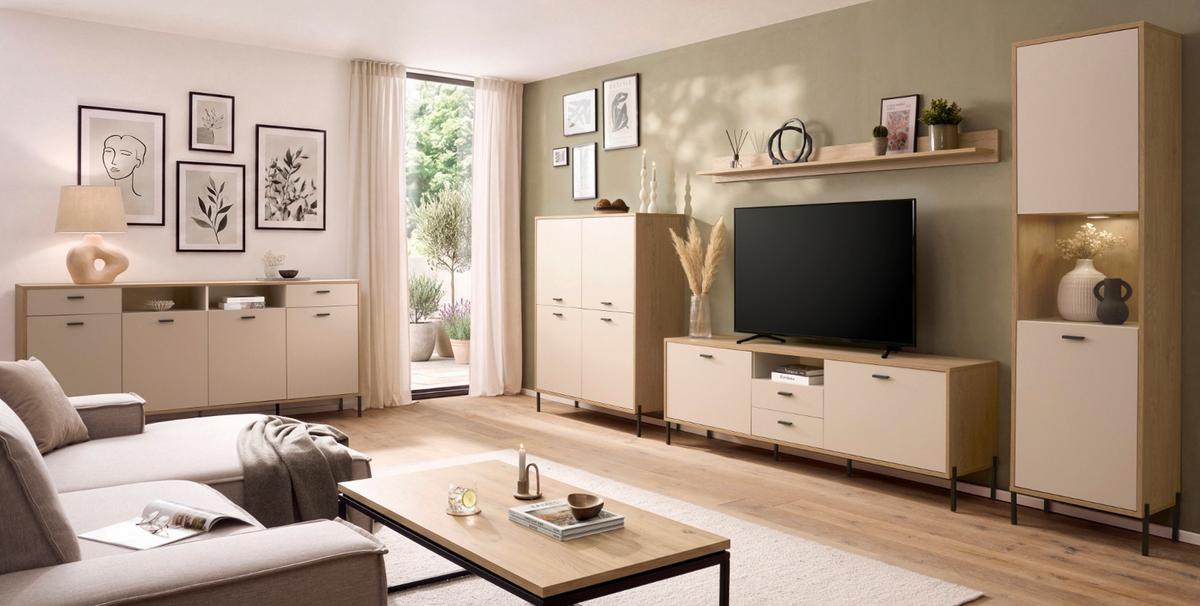 WOHNWAND Kaschmir, Eiche 320 cm Set 2-teilig, Wohnkombination mit Soft-Close - Kaschmir/Eichefarben, Glas/Holzwerkstoff (320/160/40cm) - Furn.Design