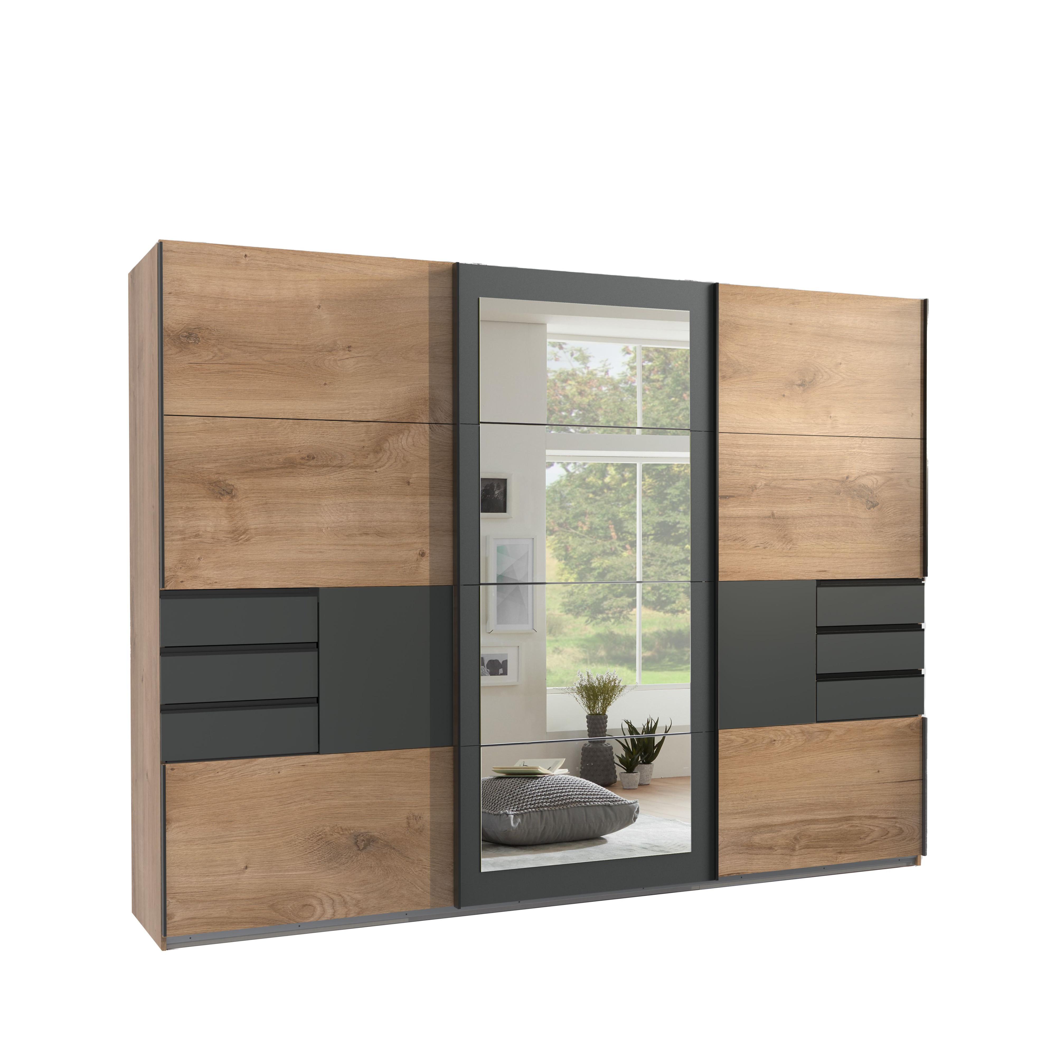 SCHWEBETÜRENSCHRANK 3-türig B273/H213/64cm, Eiche Dekor mit Absetzungen in Grafit, Passepartout&Spiegel&Schubladen,Kleiderschrank inkl.Vollaus./ 22506 - Blau/Eichefarben, Holzwerkstoff/Metall (273/213/64cm) - luma-home