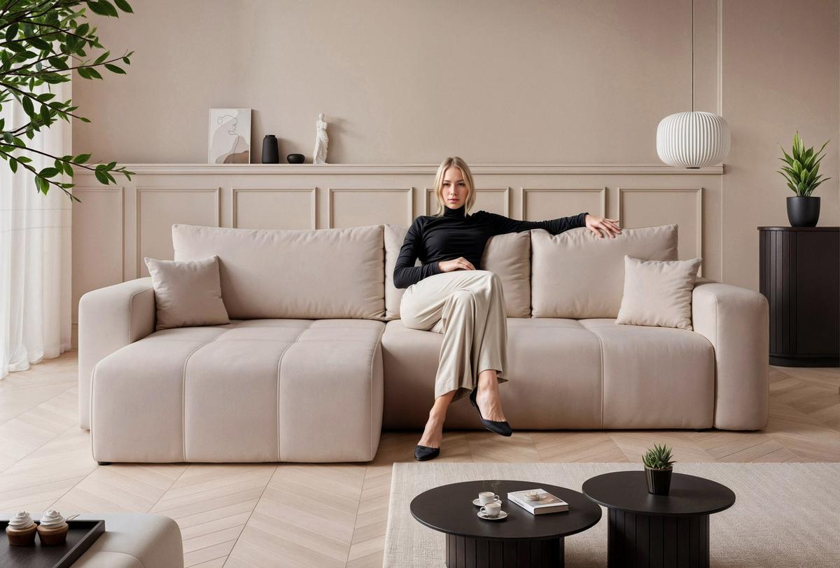 ECKSOFA XL Velours mit Bettkasten und Schlaffunktion - Beige, Holzwerkstoff/Textil (278/145cm) - Idohome